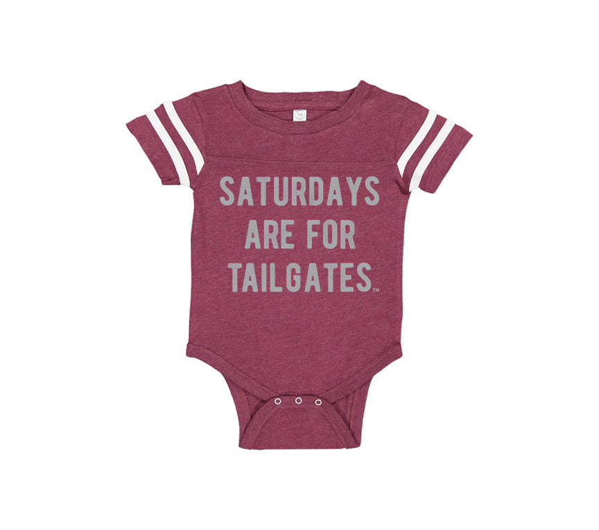 FOOTBALL | BURGUNDY ONESIE | SATURDAYS ARE FOR TAILGATES | GRAY