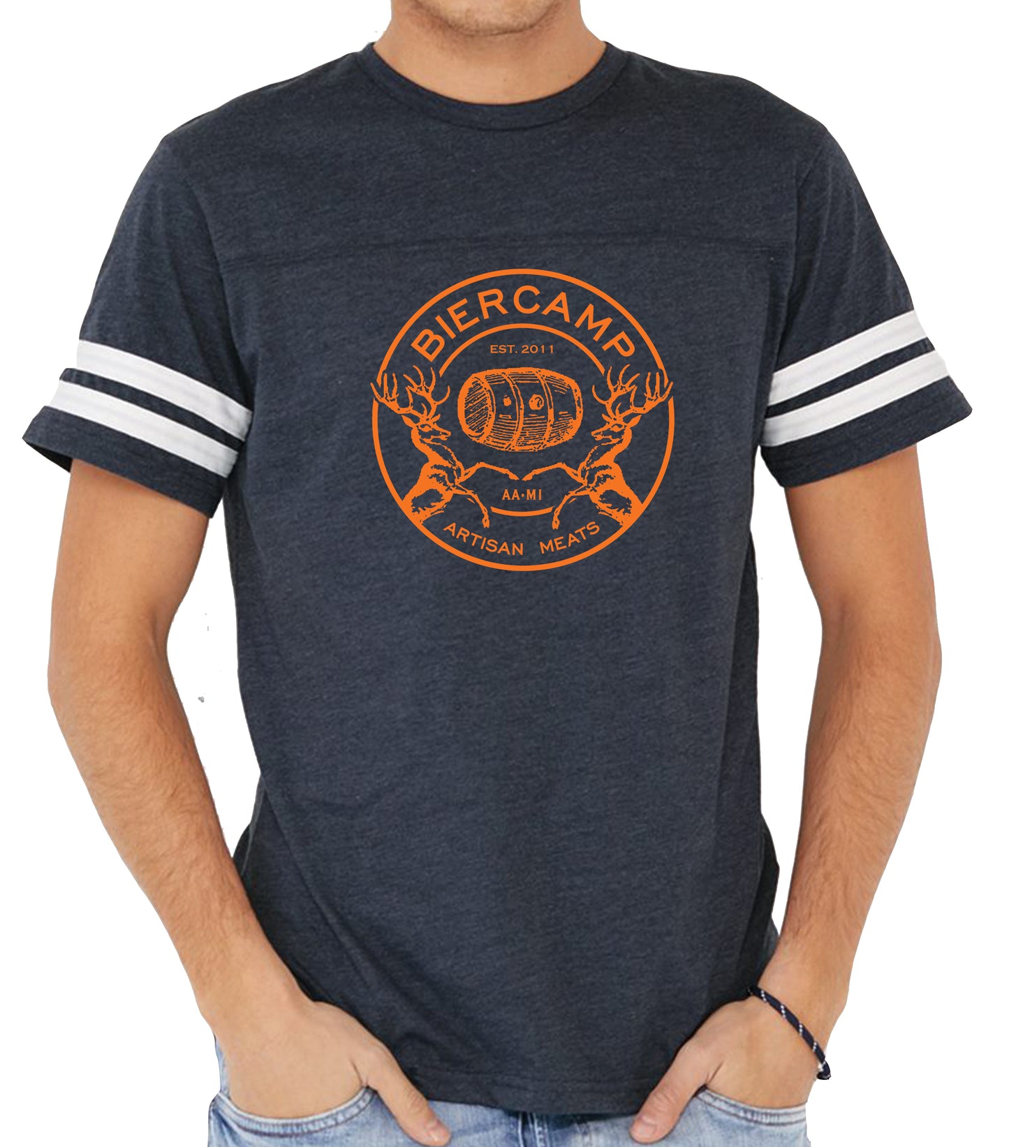 BIERCAMP | NAVY UNISEX FOOTBALL TEE | DESIGN