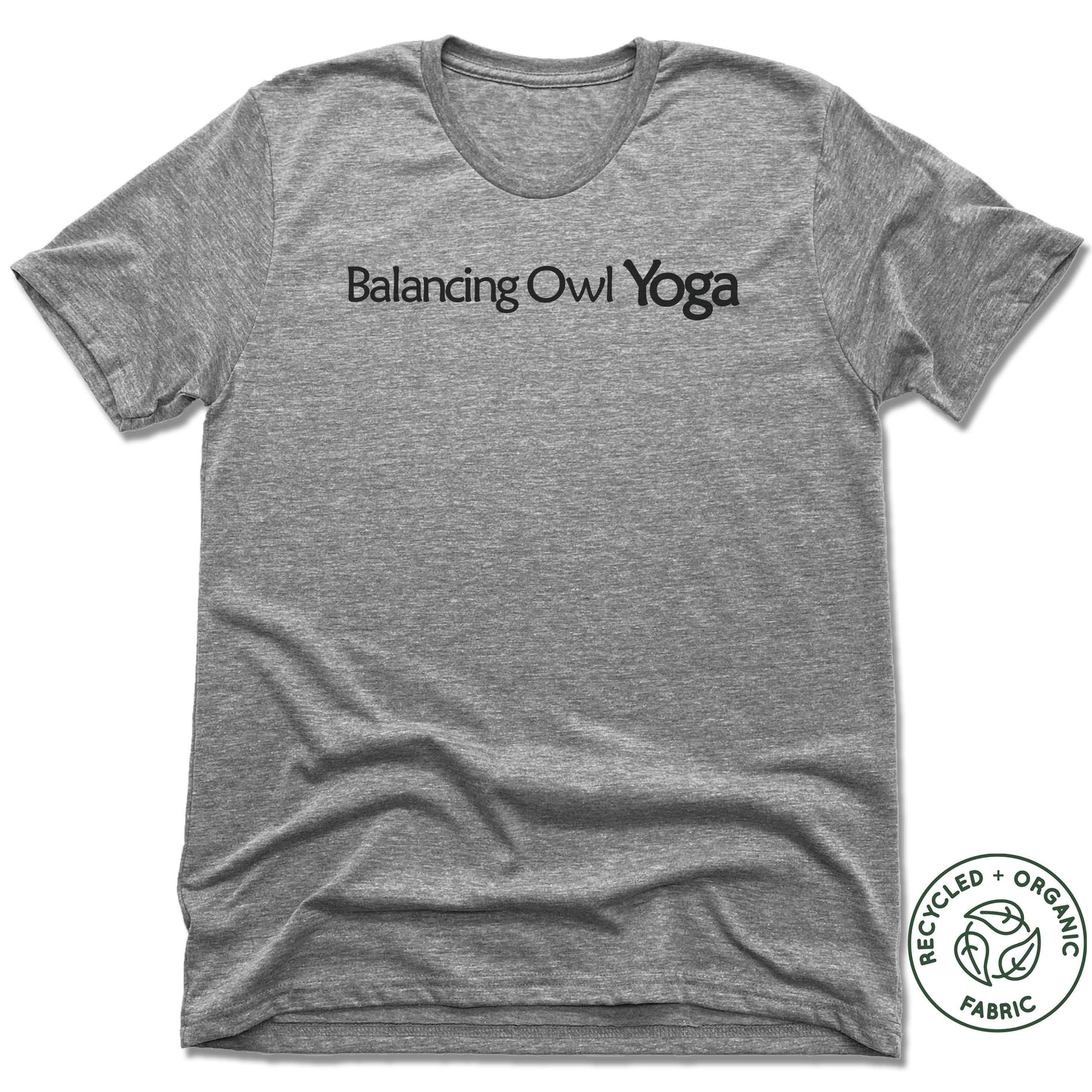 BALANCING OWL YOGA | UNISEX GRAY Recycled Tri-Blend | BLACK LOGO