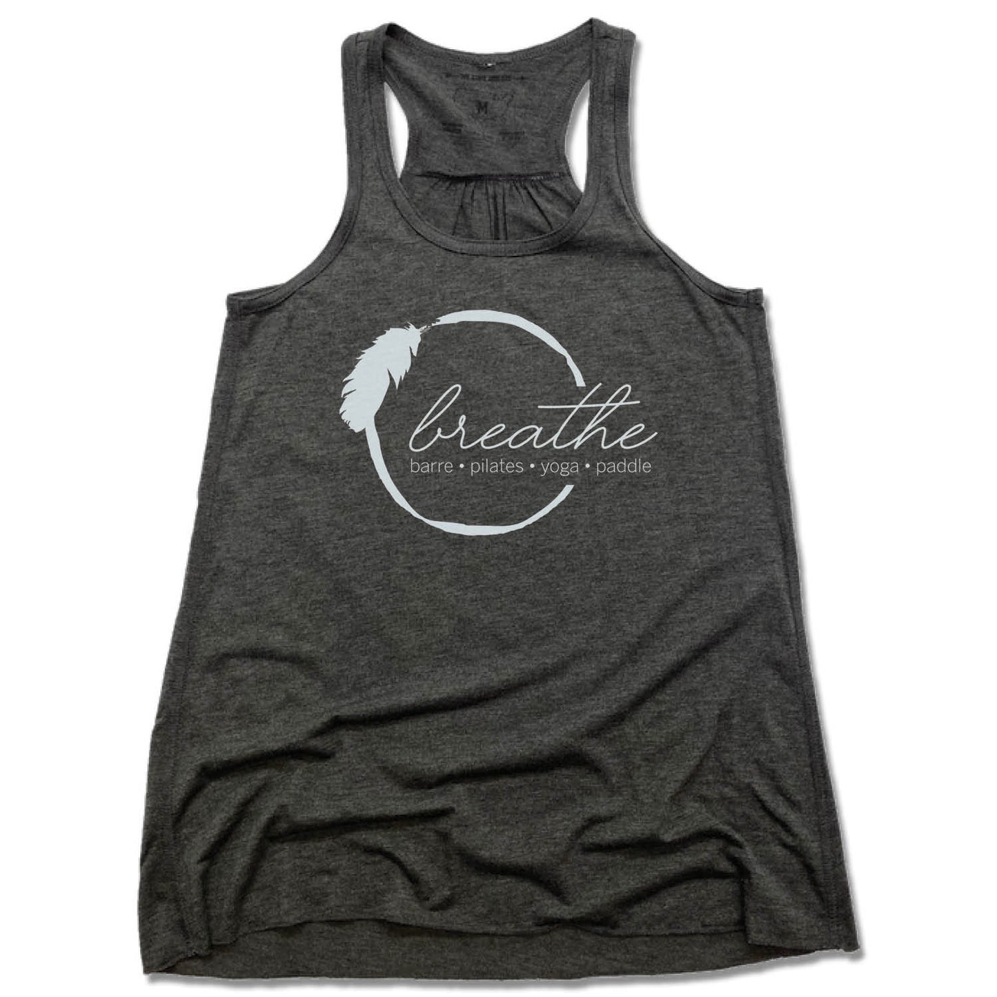 BREATHE PILATES AND BARRE | LADIES GRAY FLOWY TANK | WHITE LOGO