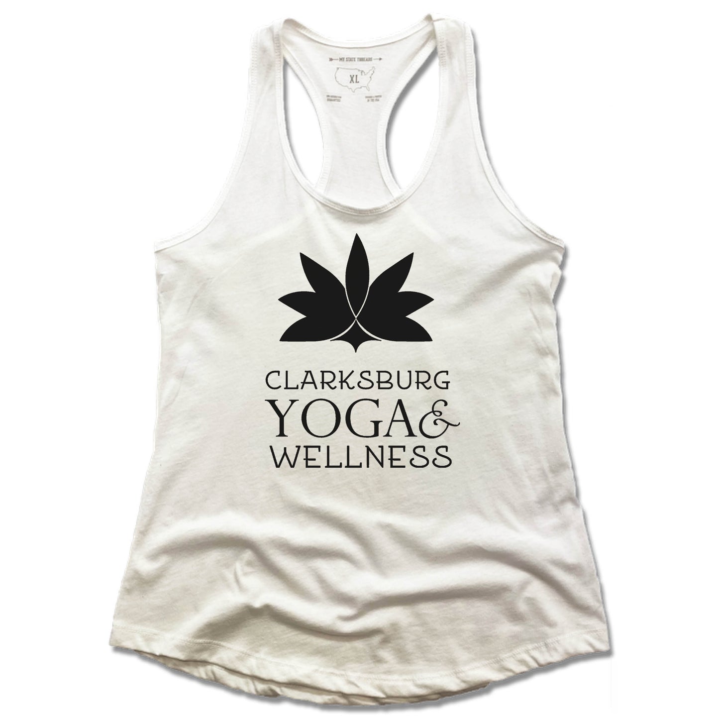 CLARKSBURG YOGA AND WELLNESS | LADIES WHITE TANK | BLACK LOGO