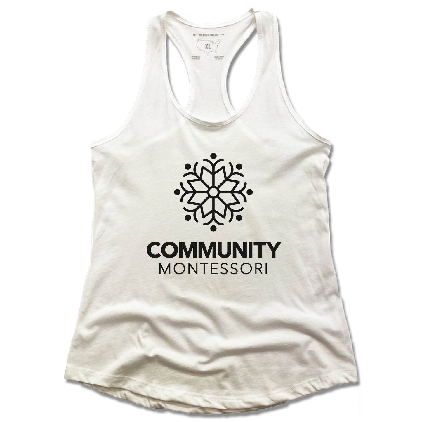 COMMUNITY MONTESSORI | LADIES WHITE TANK | BLACK LOGO