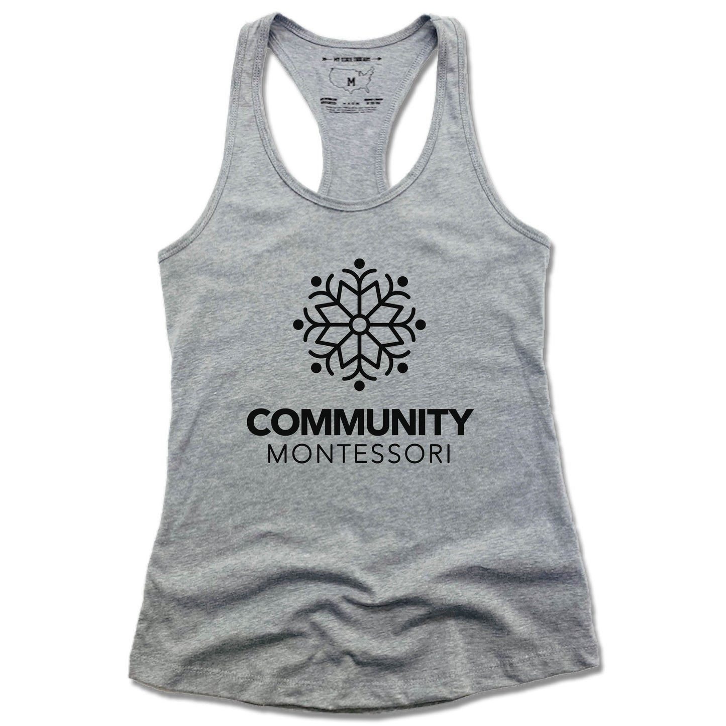 COMMUNITY MONTESSORI | LADIES GRAY TANK | BLACK LOGO