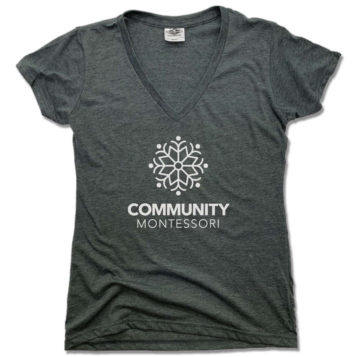 COMMUNITY MONTESSORI | LADIES V-NECK | WHITE LOGO