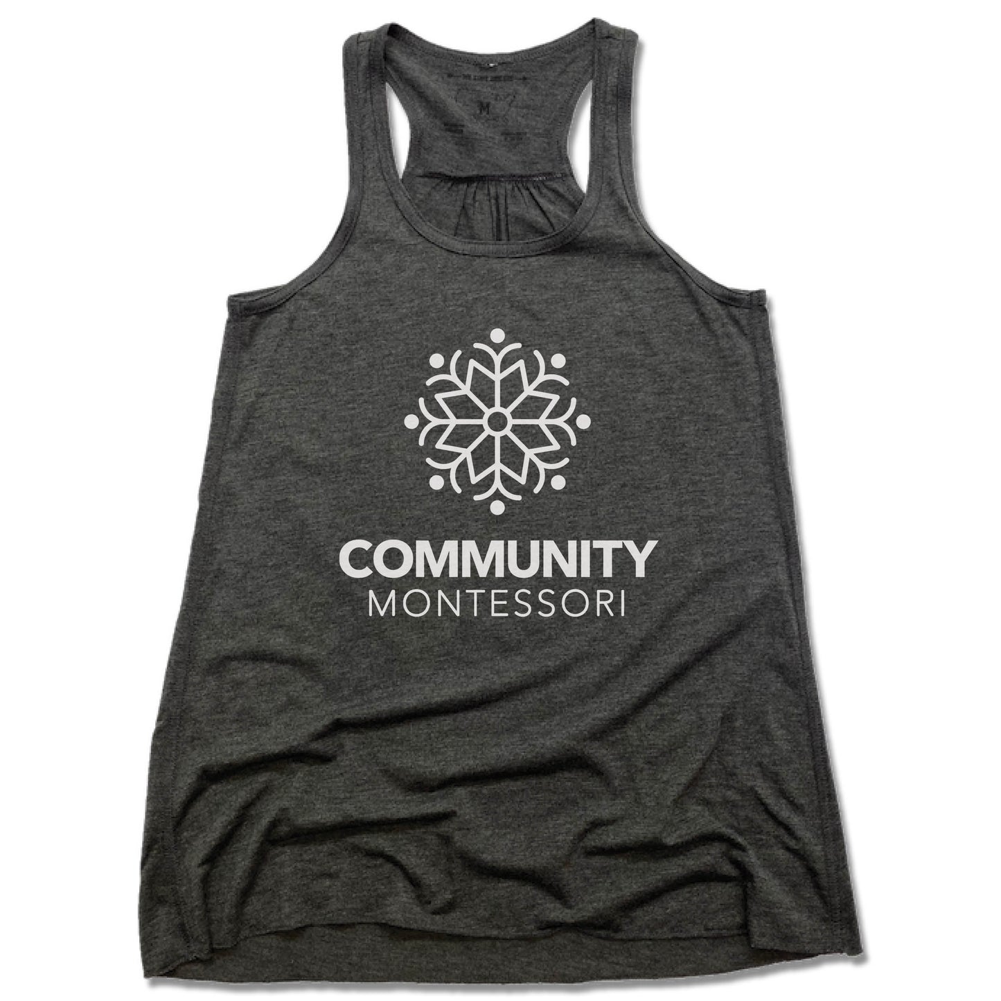 COMMUNITY MONTESSORI | LADIES GRAY FLOWY TANK | WHITE LOGO