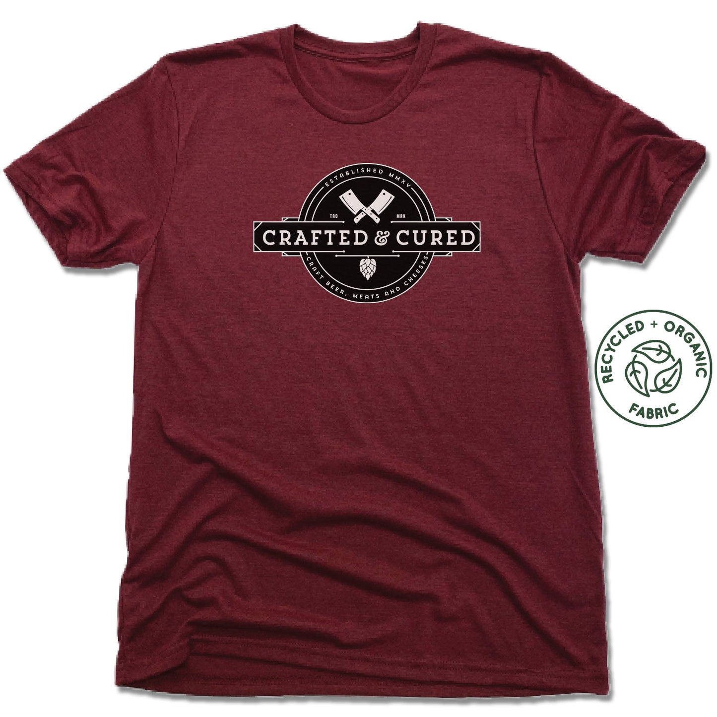 CRAFTED & CURED | UNISEX VINO RED Recycled Tri-Blend | BUTCHER AND HOPS LOGO