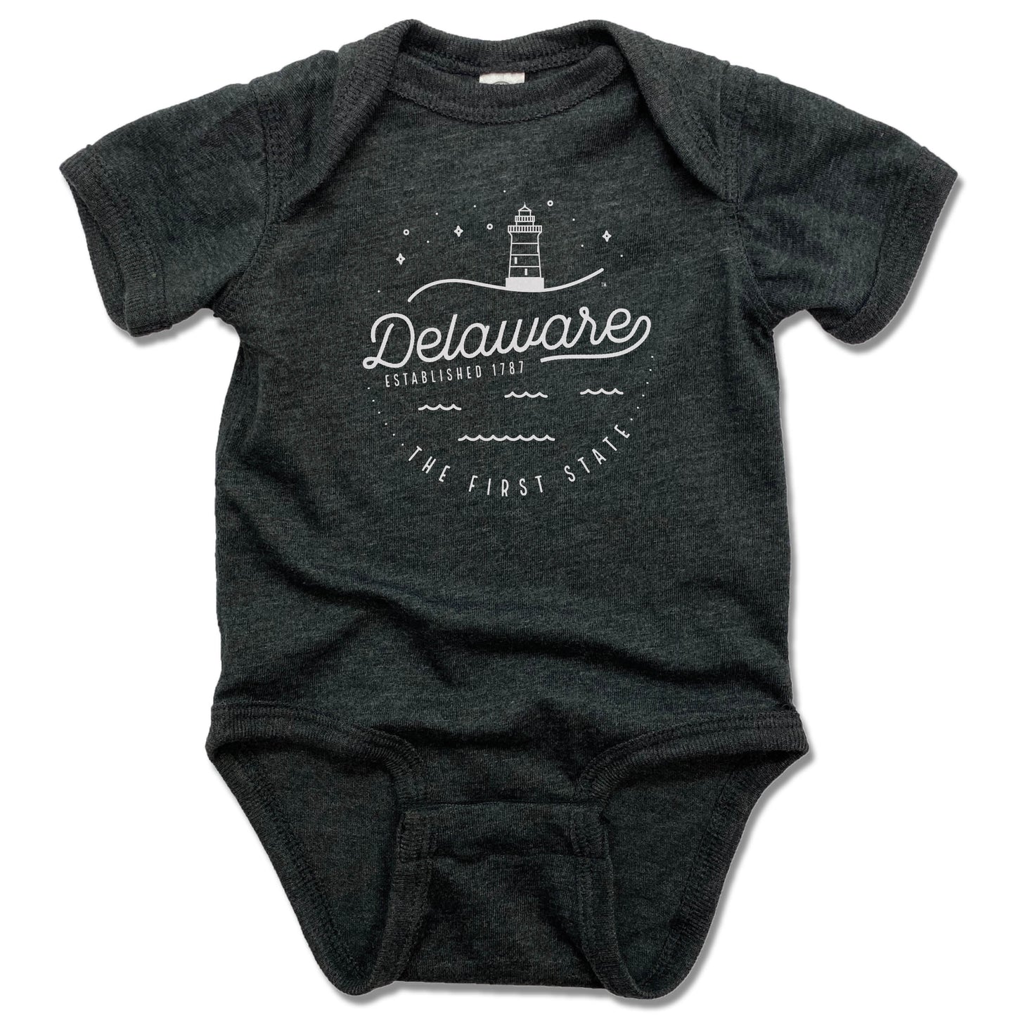 DELAWARE | GRAY ONESIE | CREST - My State Threads