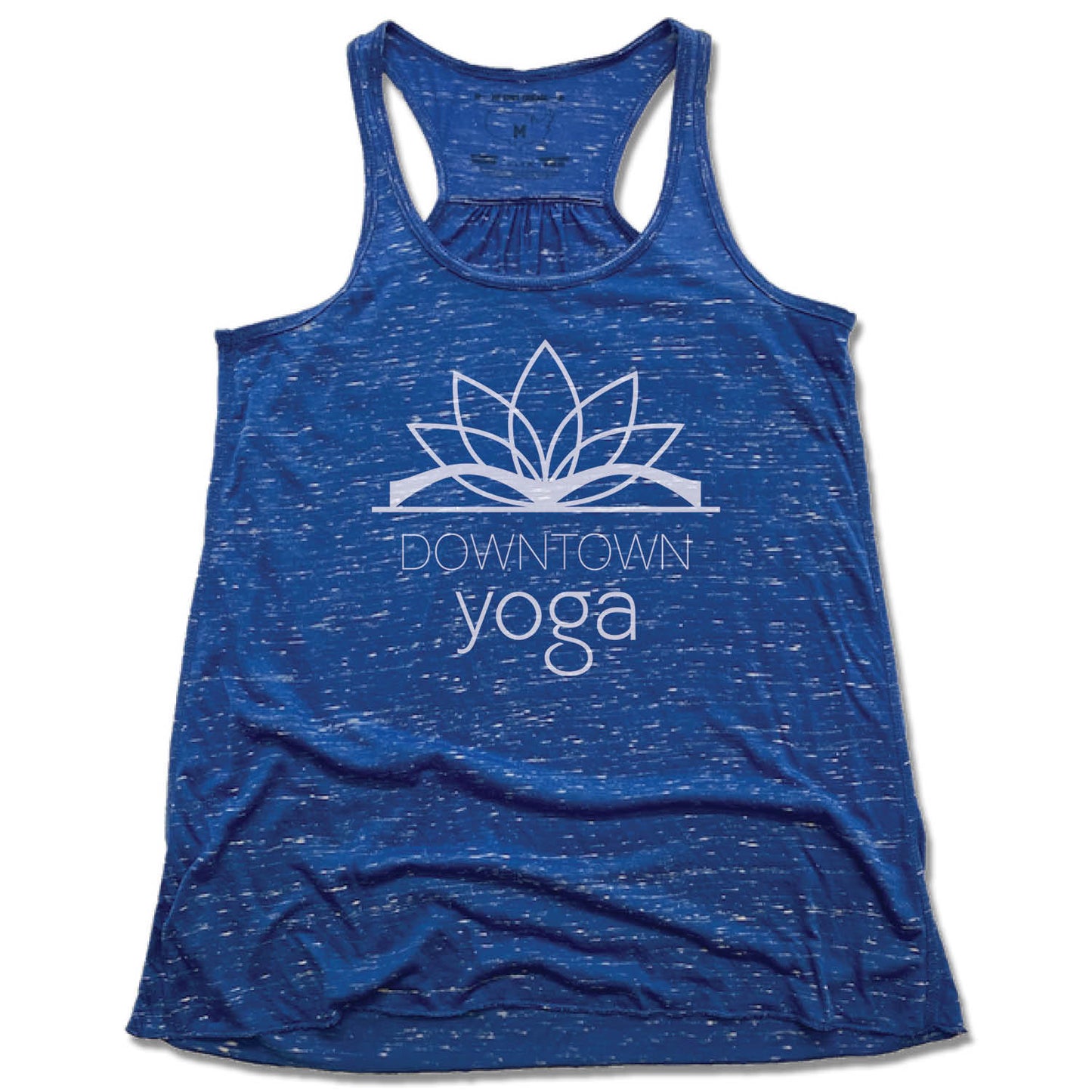 DOWNTOWN YOGA | LADIES BLUE FLOWY TANK | WHITE LOGO