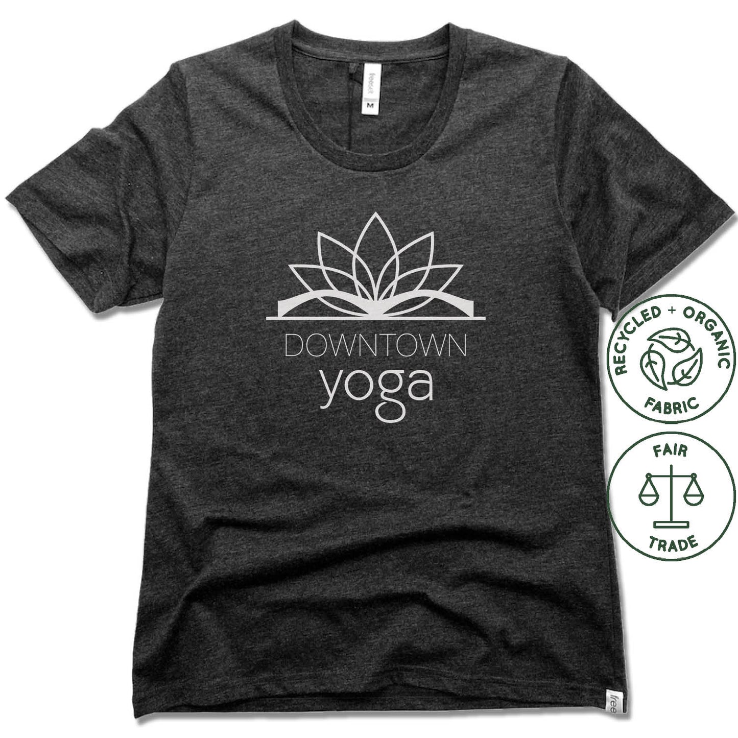 DOWNTOWN YOGA | FAIRTRADE FREESET BLACK LADIES TEE | WHITE LOGO