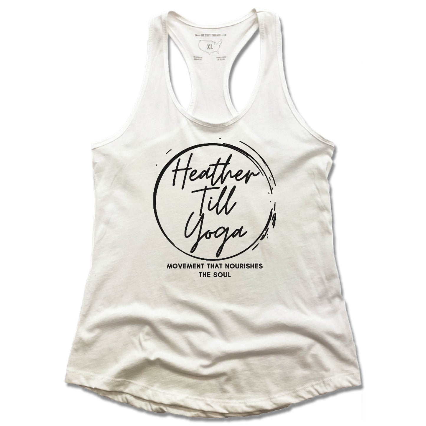 Heather Till Yoga | LADIES WHITE TANK | Black Logo