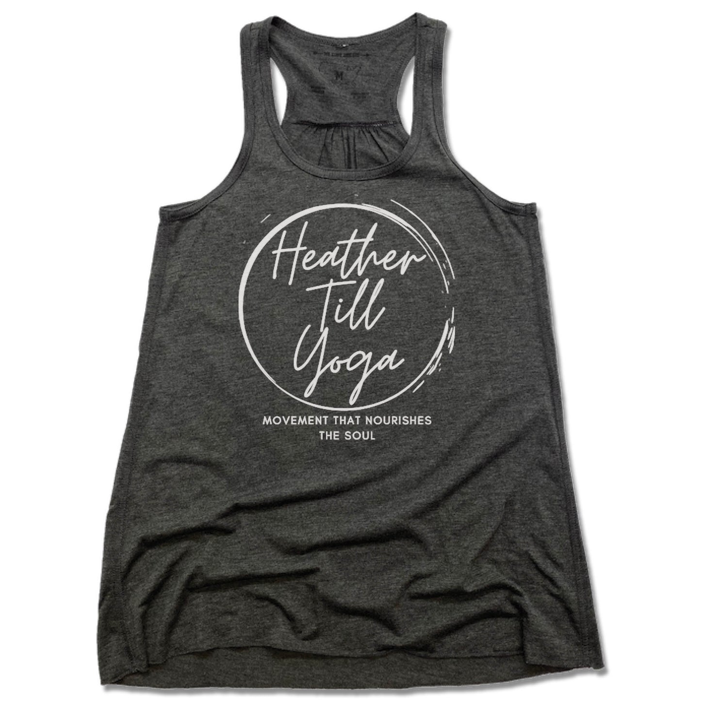 Heather Till Yoga | LADIES GRAY FLOWY TANK | White Logo