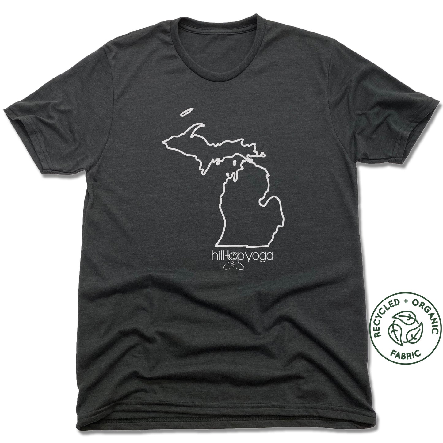 Hilltop Yoga | FAIRTRADE FREESET BLACK UNISEX TEE | Michigan White - My State Threads