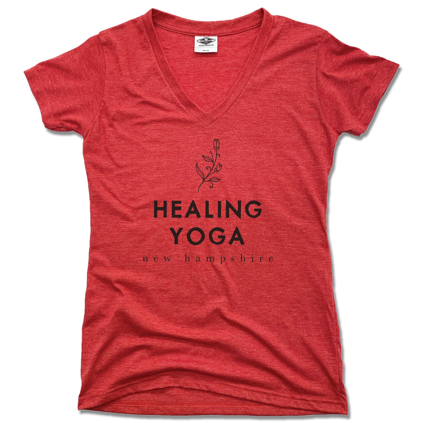 HEALING YOGA NEW HAMPSHIRE | LADIES RED V-NECK | BLACK LOGO