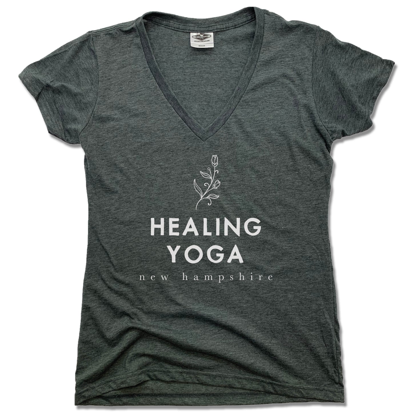 HEALING YOGA NEW HAMPSHIRE | LADIES V-NECK | WHITE LOGO