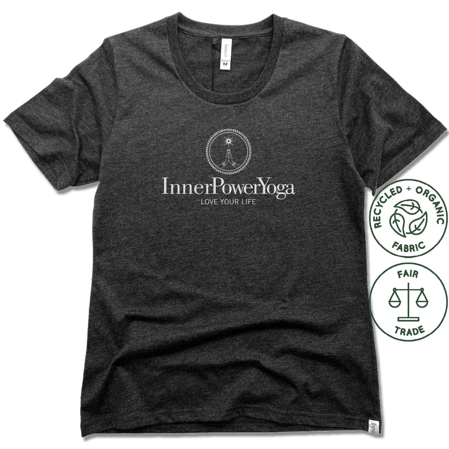 INNER POWER YOGA STUDIO | FAIRTRADE FREESET BLACK LADIES TEE | WHITE LOGO