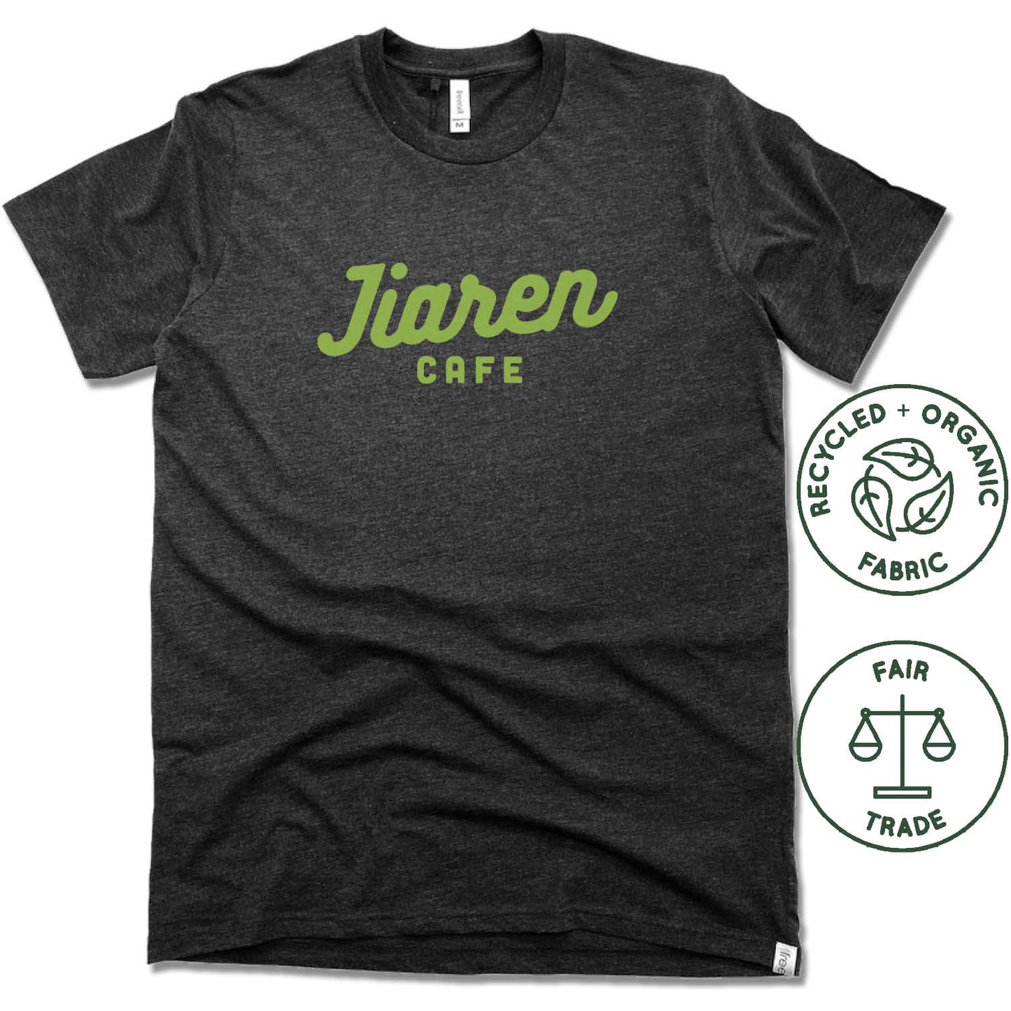JIAREN CAFE | FAIRTRADE FREESET BLACK UNISEX TEE | GREEN LOGO