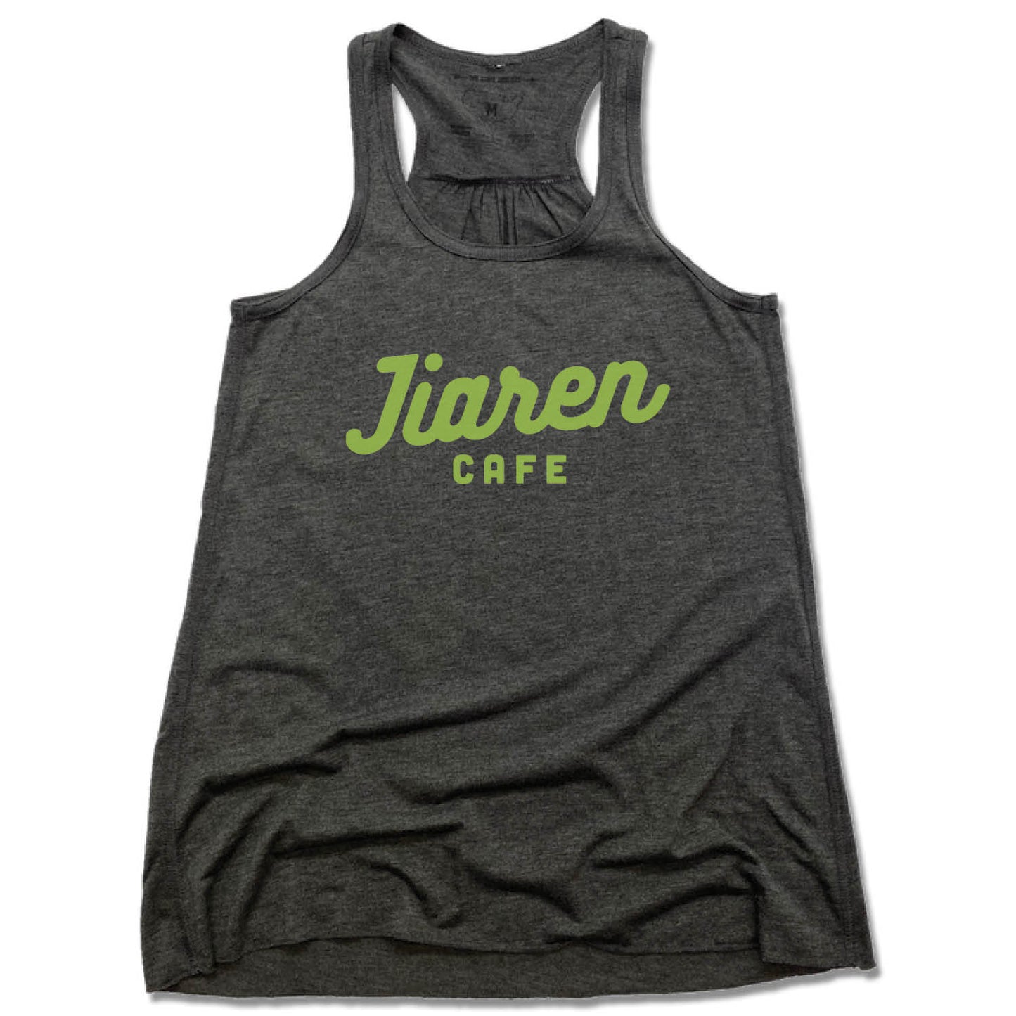 JIAREN CAFE | LADIES GRAY FLOWY TANK | GREEN LOGO