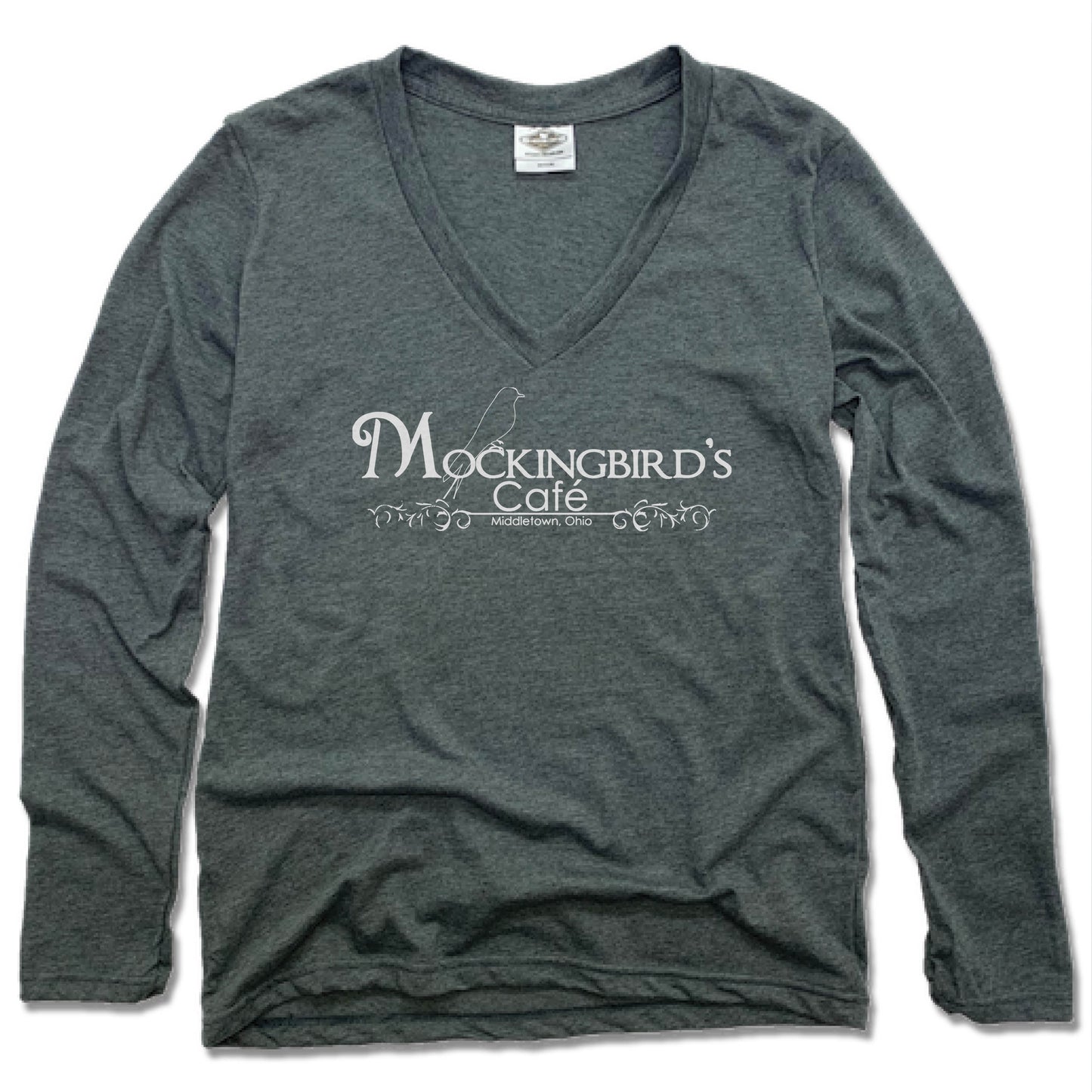 MOCKING BIRD CAFE | LADIES' LONG SLEEVE TEE | WHITE LOGO