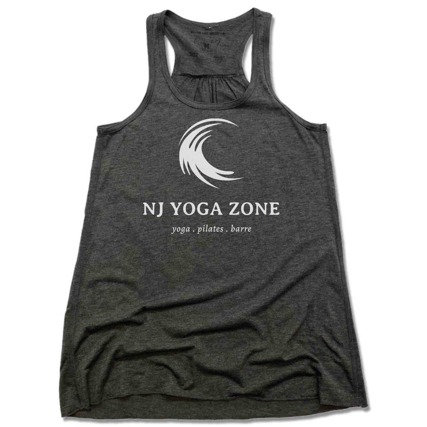 NJ YOGA ZONE | LADIES GRAY FLOWY TANK | WHITE LOGO