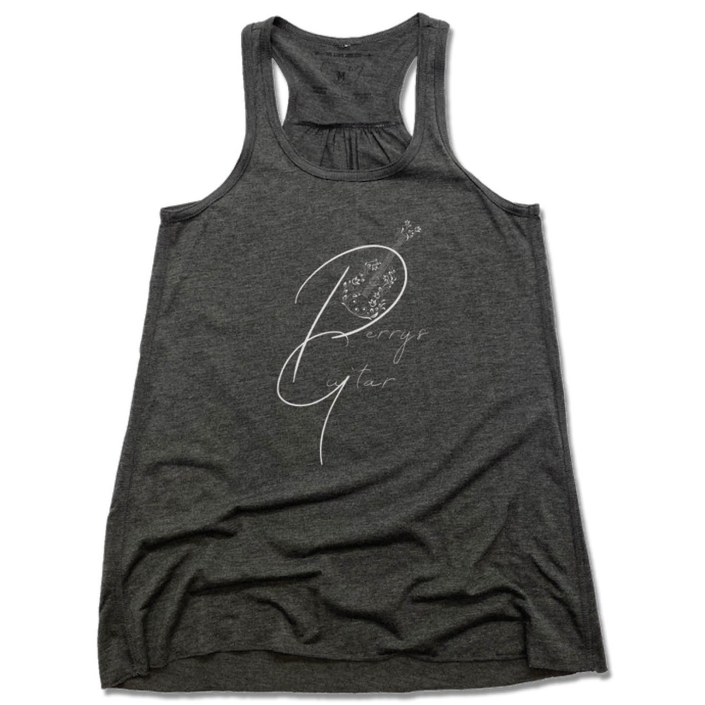 PERRYSGUITAR | LADIES GRAY FLOWY TANK | WHITE LOGO