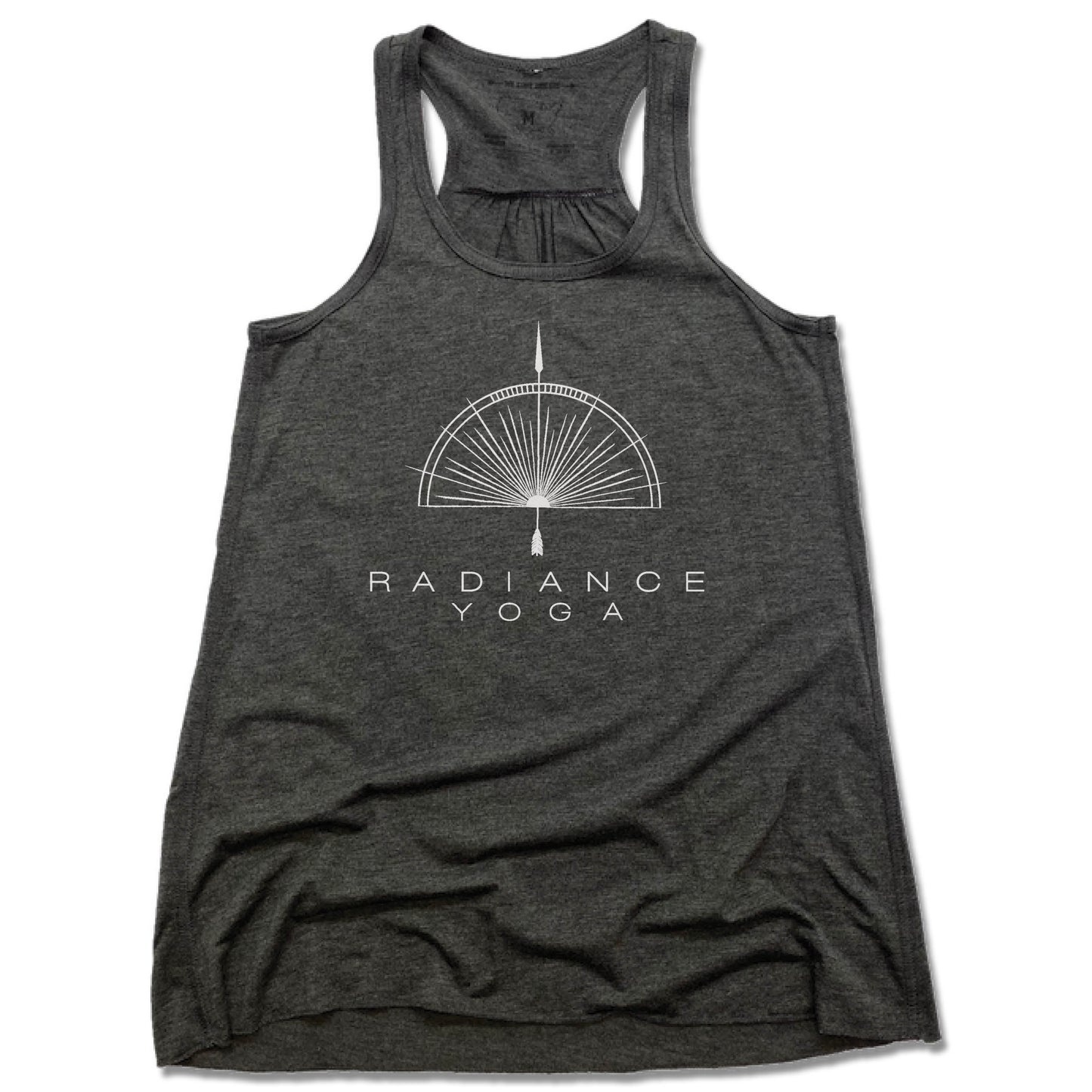 RADIANCE YOGA | LADIES GRAY FLOWY TANK | WHITE LOGO
