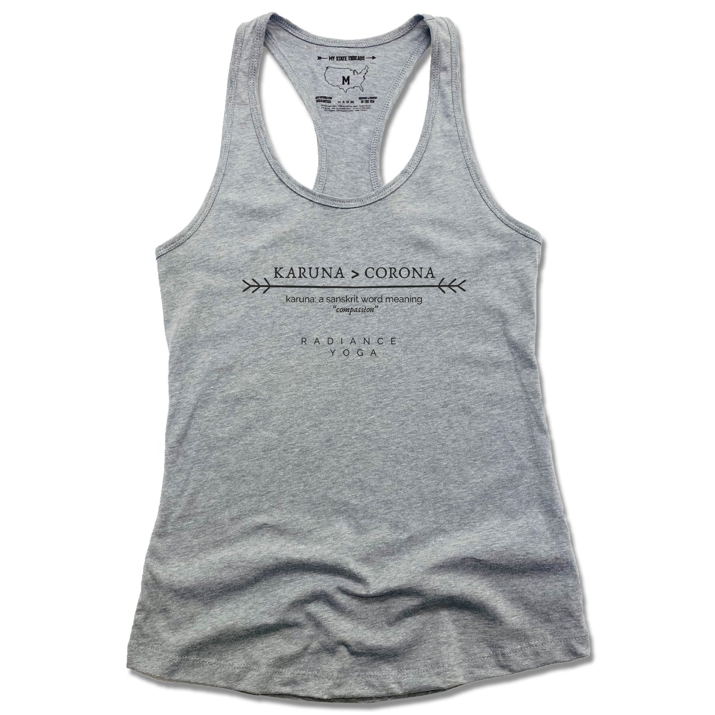 RADIANCE YOGA | LADIES GRAY TANK | BLACK KARUNA CORONA - My State Threads
