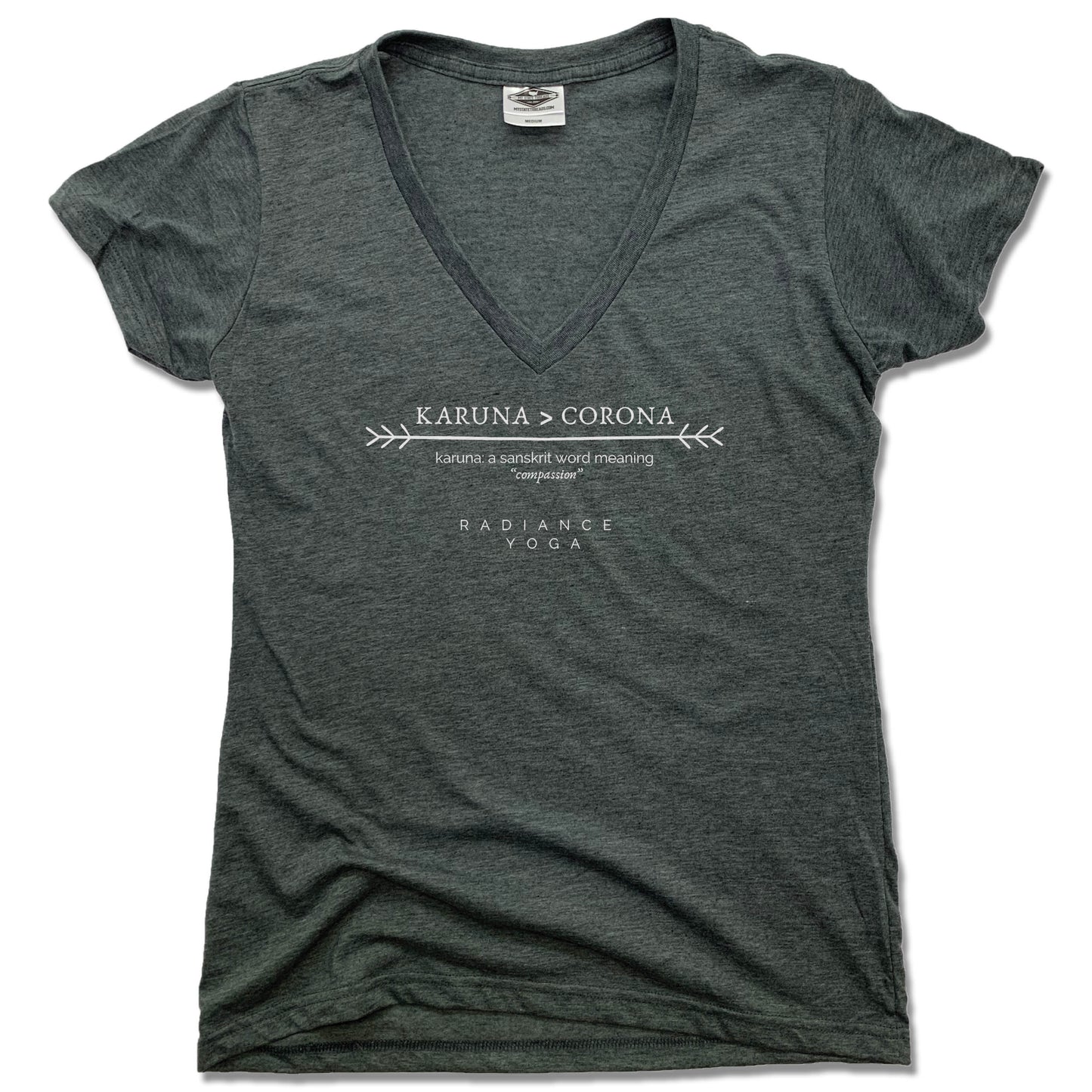 RADIANCE YOGA | LADIES V-NECK | WHITE KARUNA CORONA