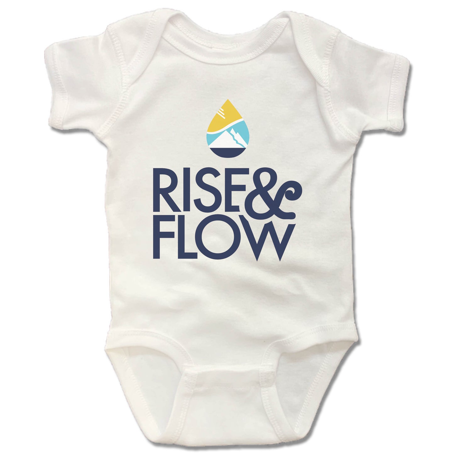 RISE AND FLOW YOGA STUDIO | WHITE ONESIE | BLUE LOGO