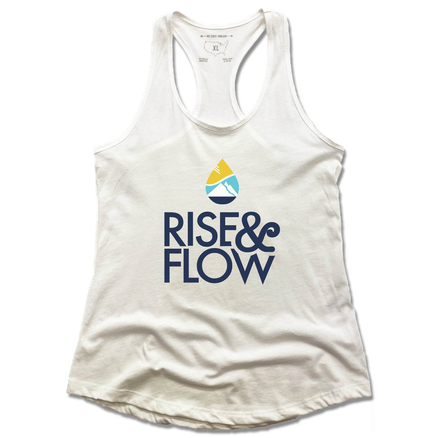 RISE AND FLOW YOGA STUDIO | LADIES WHITE TANK | BLUE LOGO