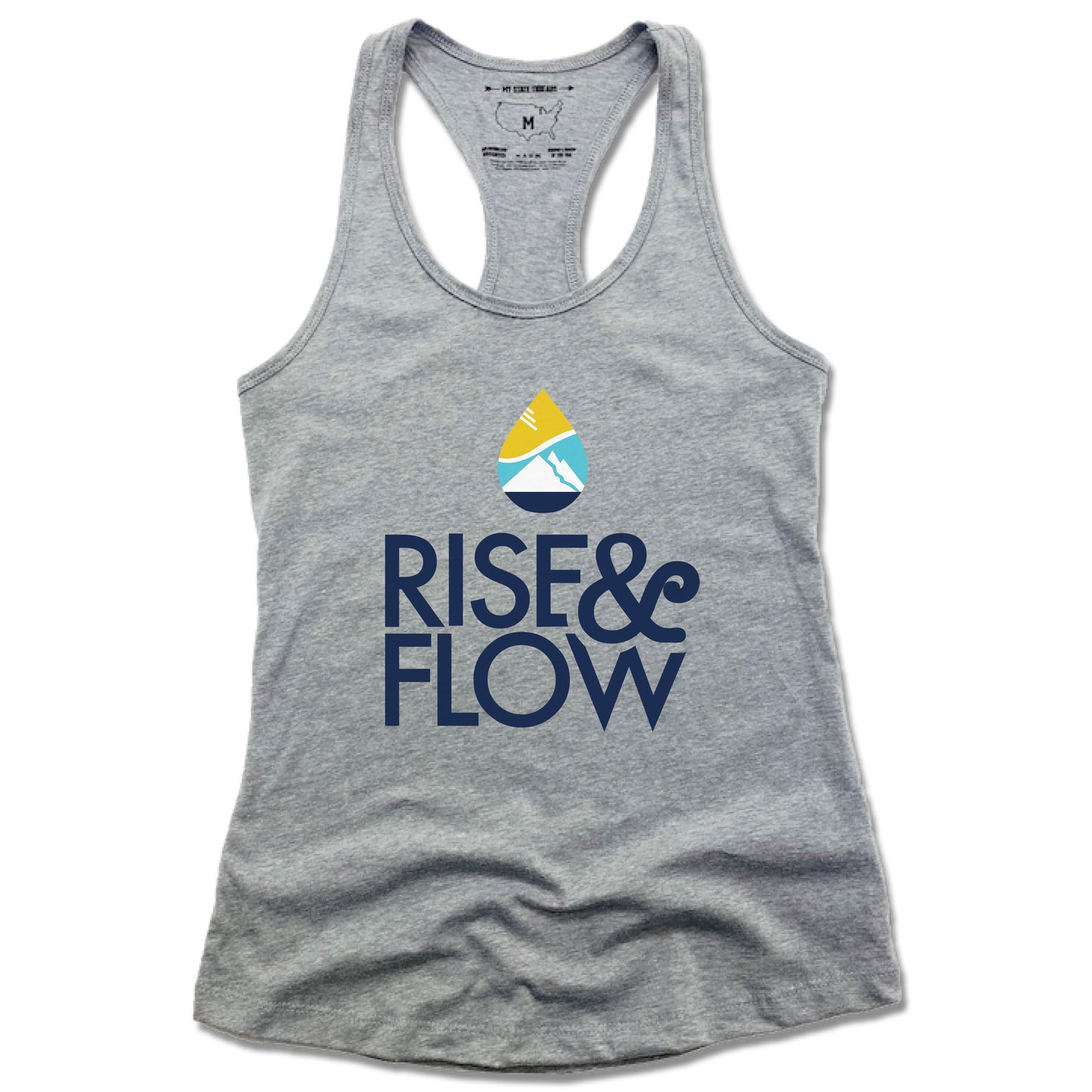 RISE AND FLOW YOGA STUDIO | LADIES GRAY TANK | BLUE LOGO