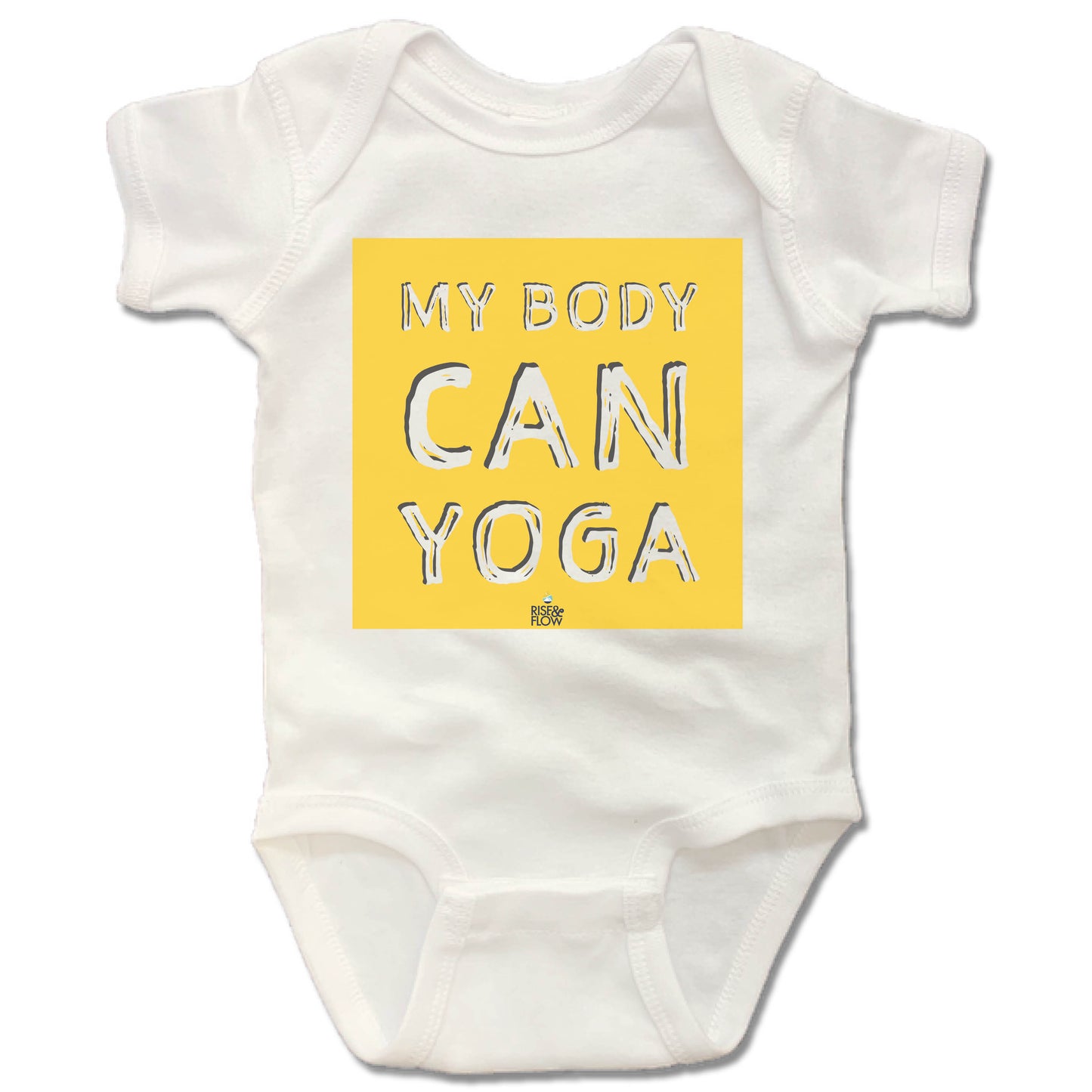 RISE AND FLOW YOGA STUDIO | WHITE ONESIE | YELLOW LOGO