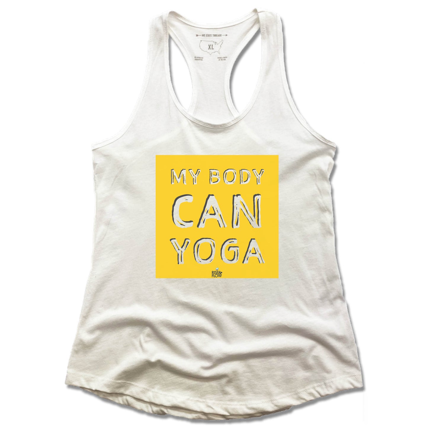 RISE AND FLOW YOGA STUDIO | LADIES WHITE TANK | YELLOW LOGO