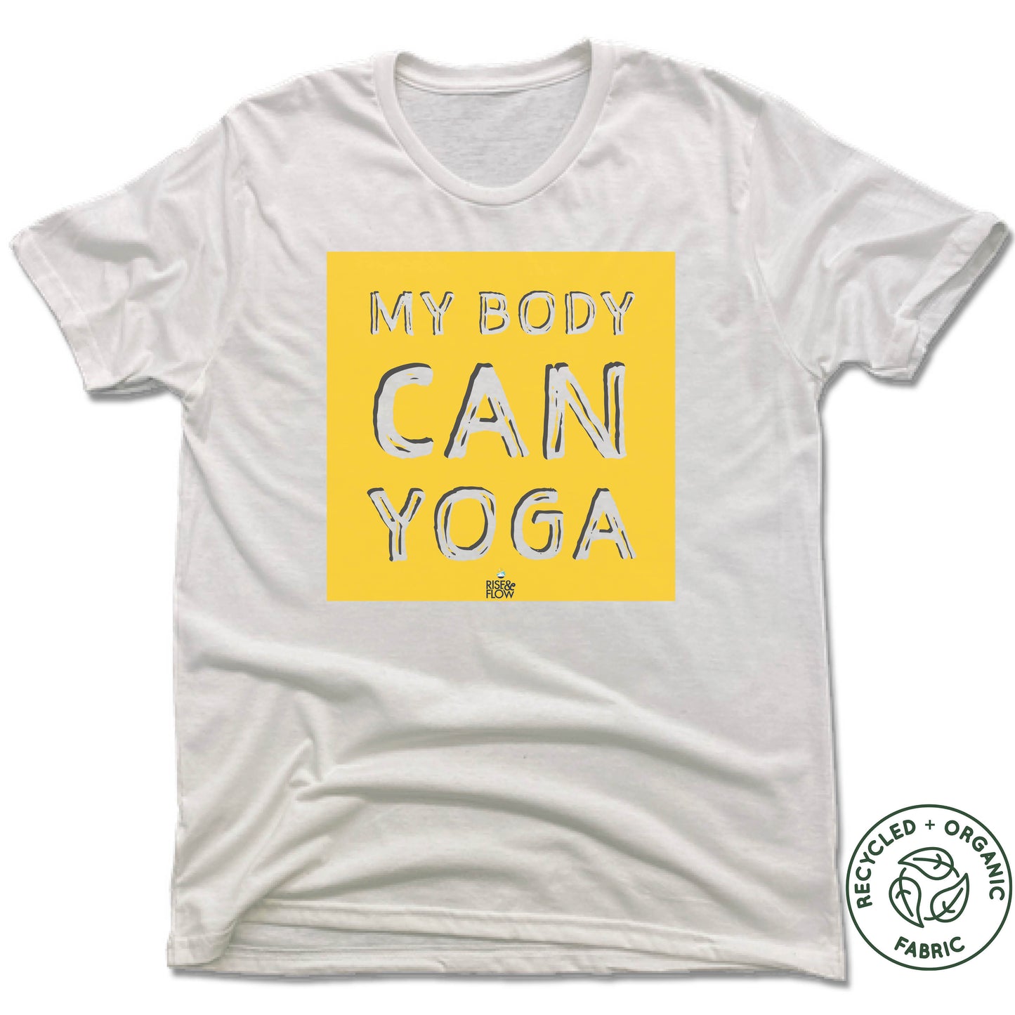 RISE AND FLOW YOGA STUDIO | UNISEX WHITE Recycled Tri-Blend | YELLOW LOGO
