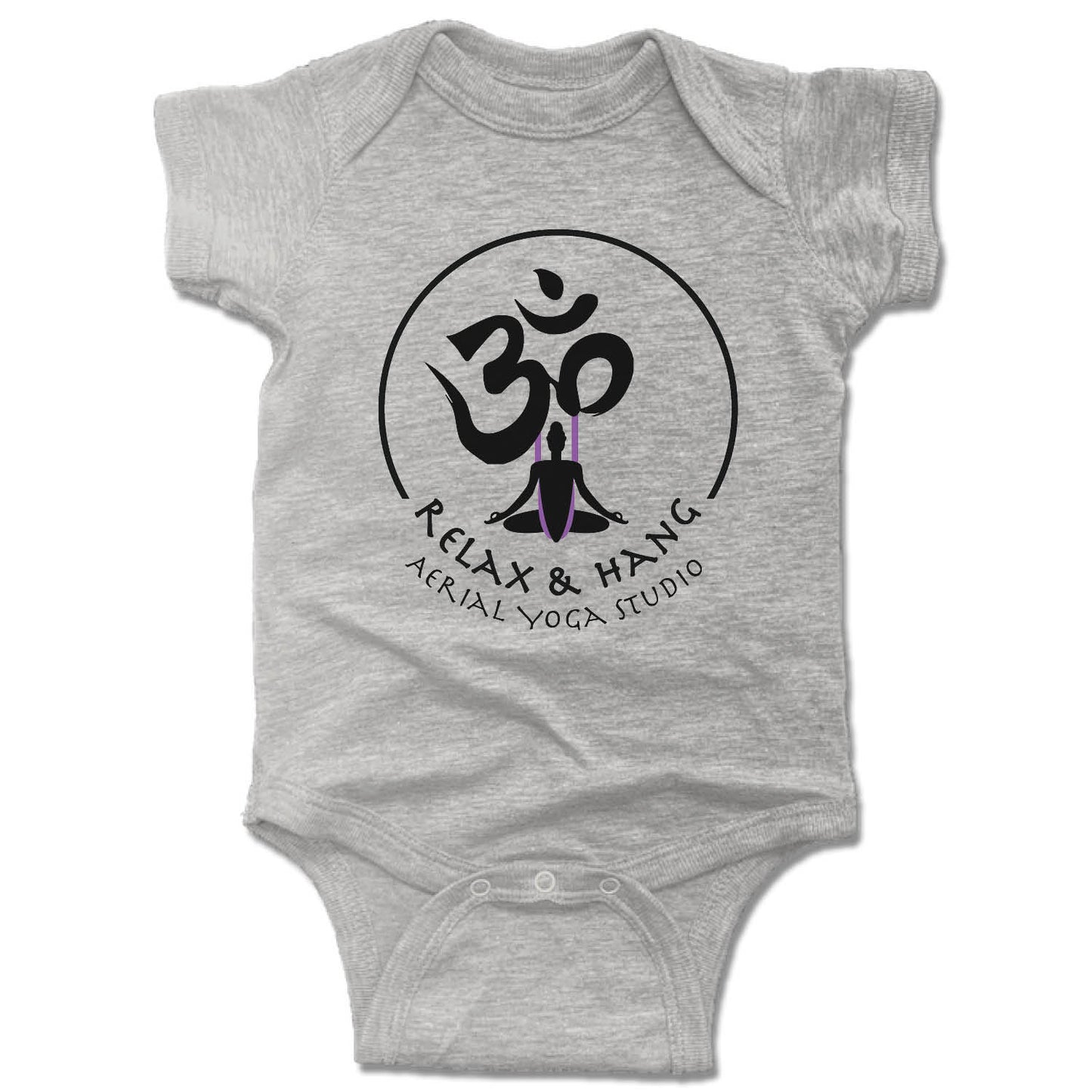 RELAX AND HANG AERIAL YOGA STUDIOS | GRAY ONESIE | LOGO