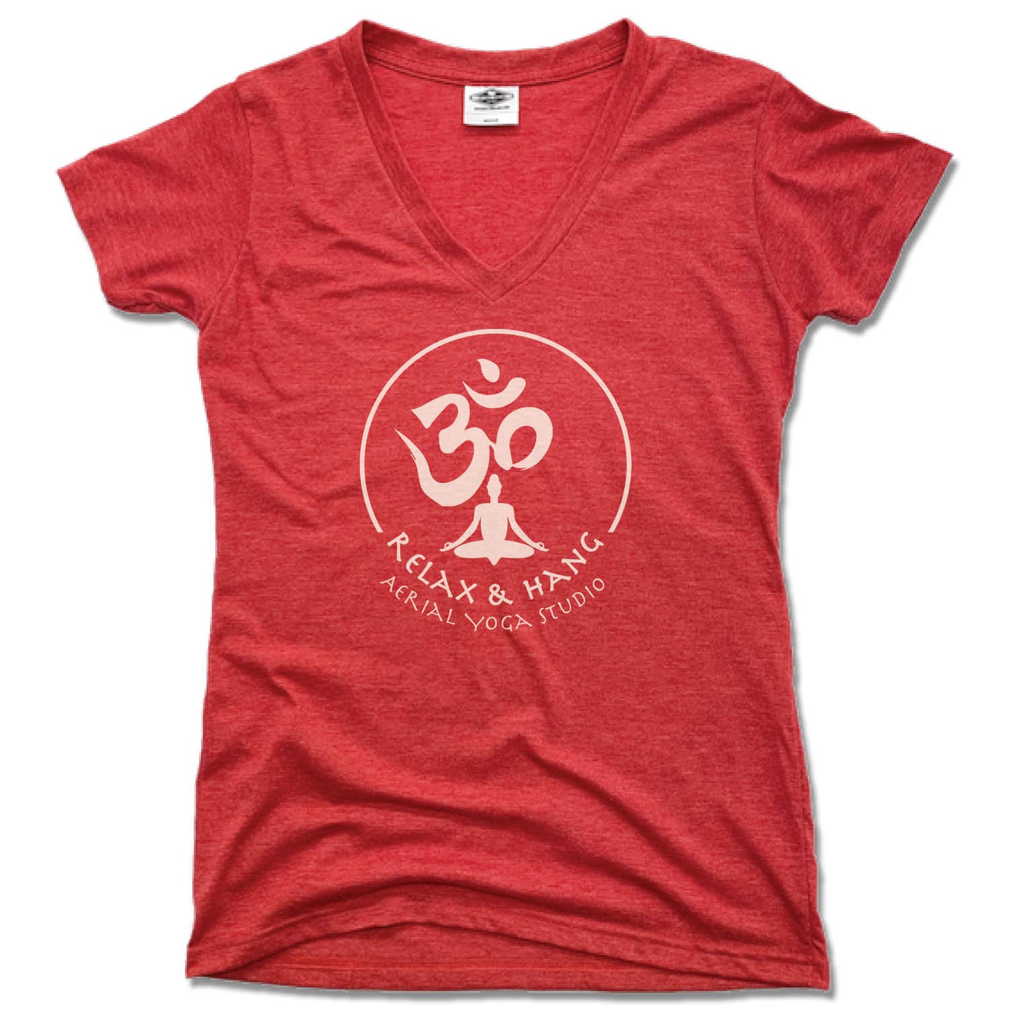 RELAX AND HANG AERIAL YOGA STUDIOS | LADIES RED V-NECK | WHITE LOGO