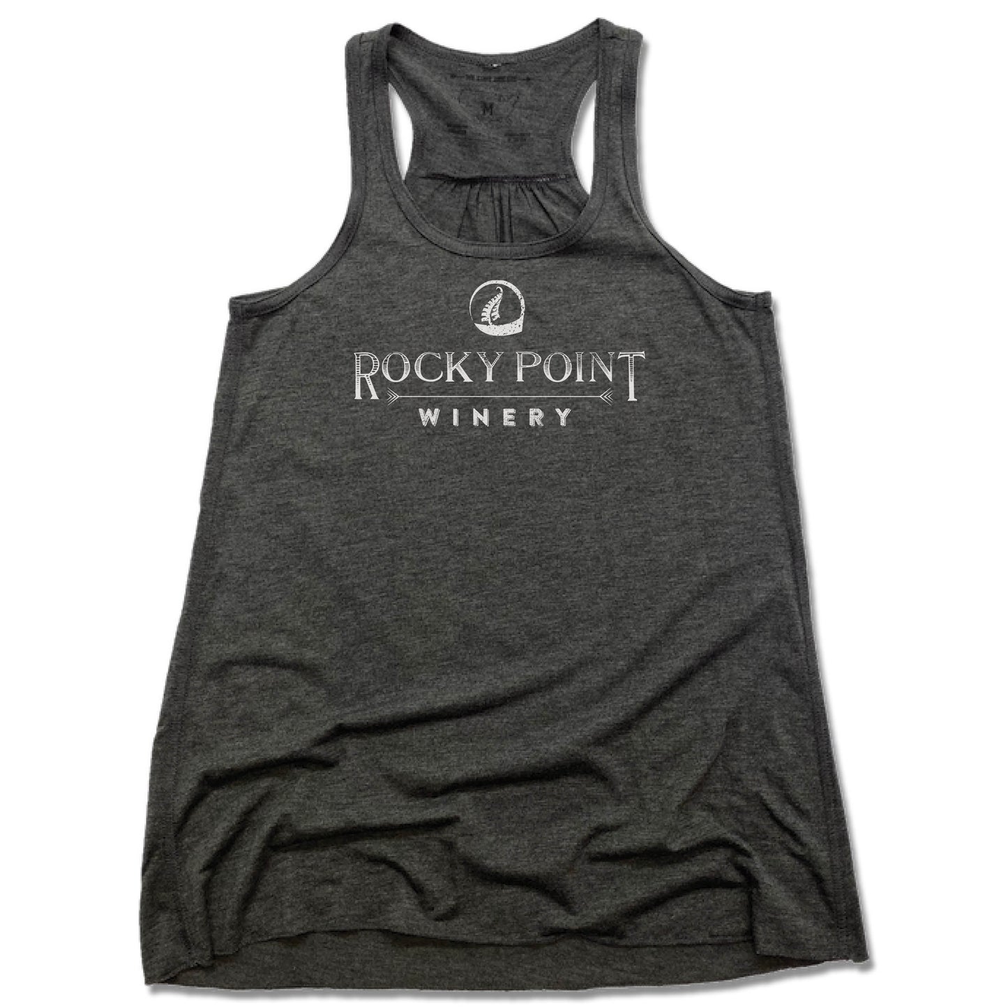 ROCKY POINT WINERY | LADIES GRAY FLOWY TANK | WHITE LOGO