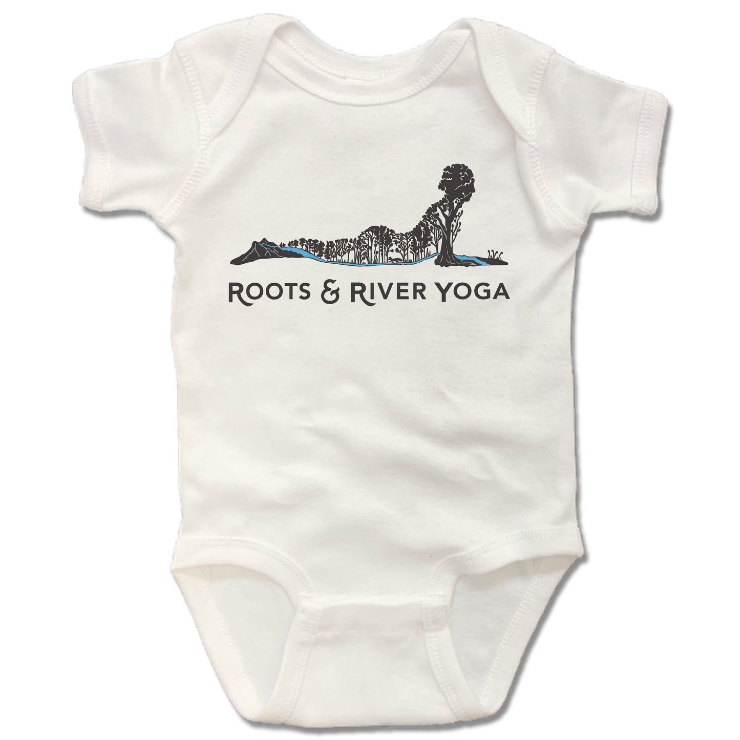 ROOTS & RIVER YOGA | WHITE ONESIE | BLACK LOGO