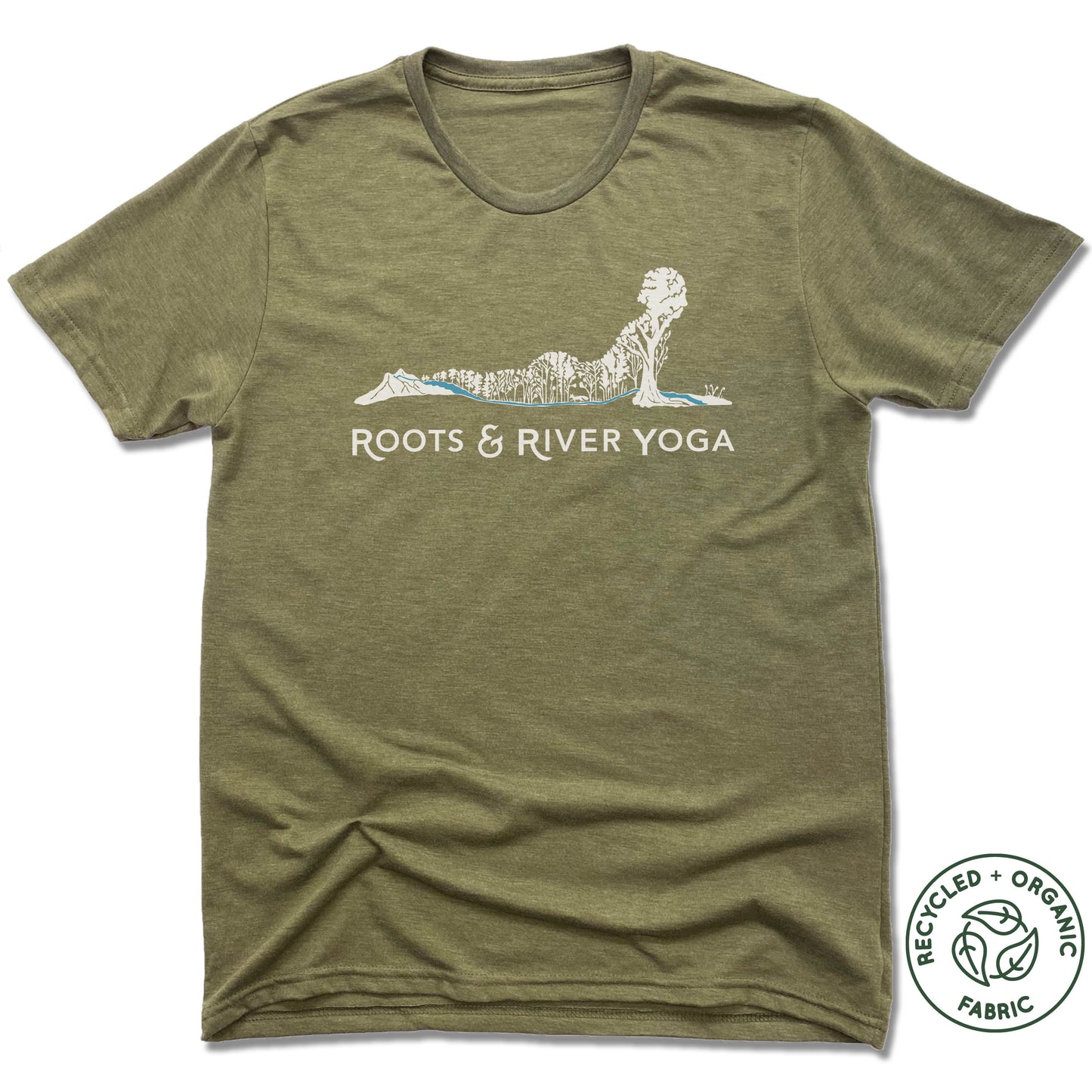 ROOTS & RIVER YOGA | UNISEX OLIVE Recycled Tri-Blend | WHITE LOGO