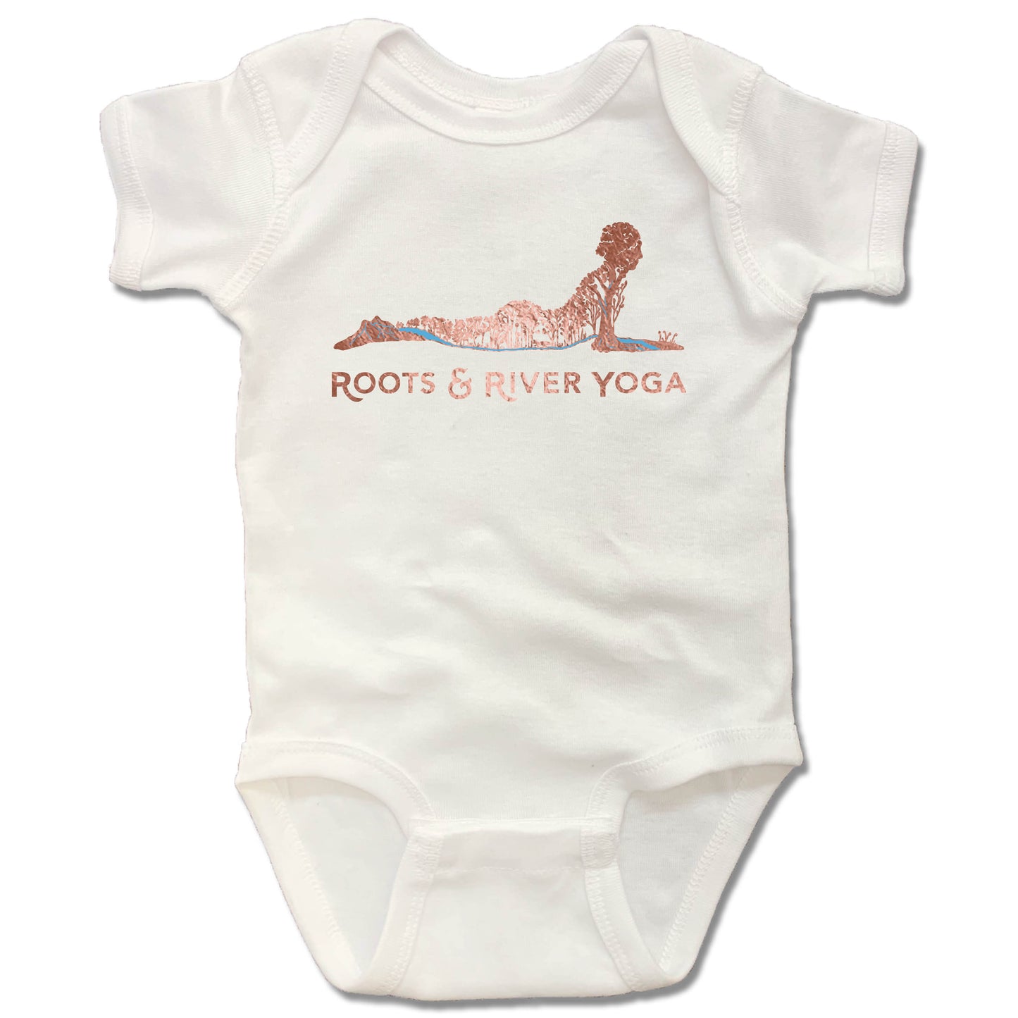 ROOTS & RIVER YOGA | WHITE ONESIE | ROSE GOLD LOGO - My State Threads