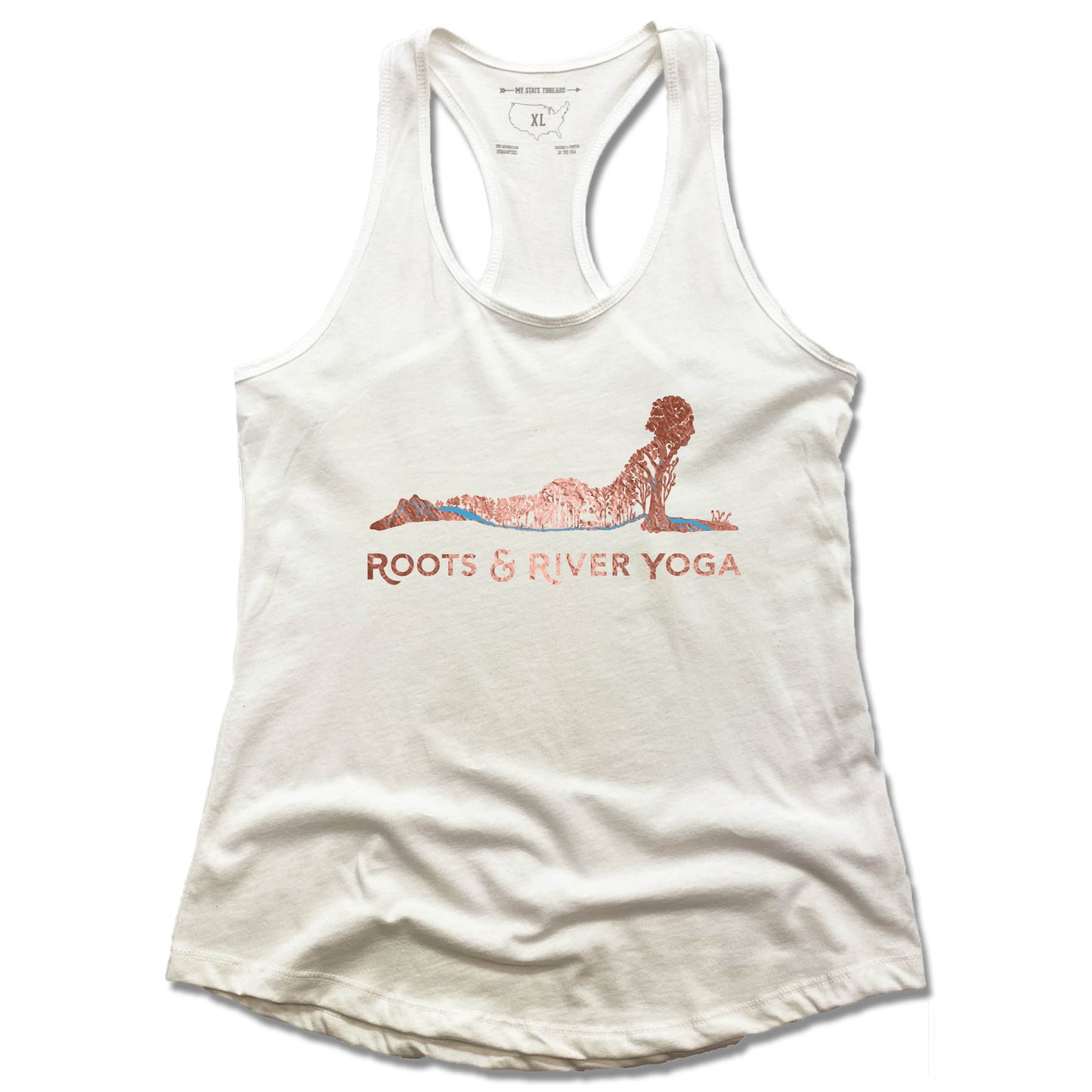 ROOTS & RIVER YOGA | LADIES WHITE TANK | ROSE GOLD LOGO