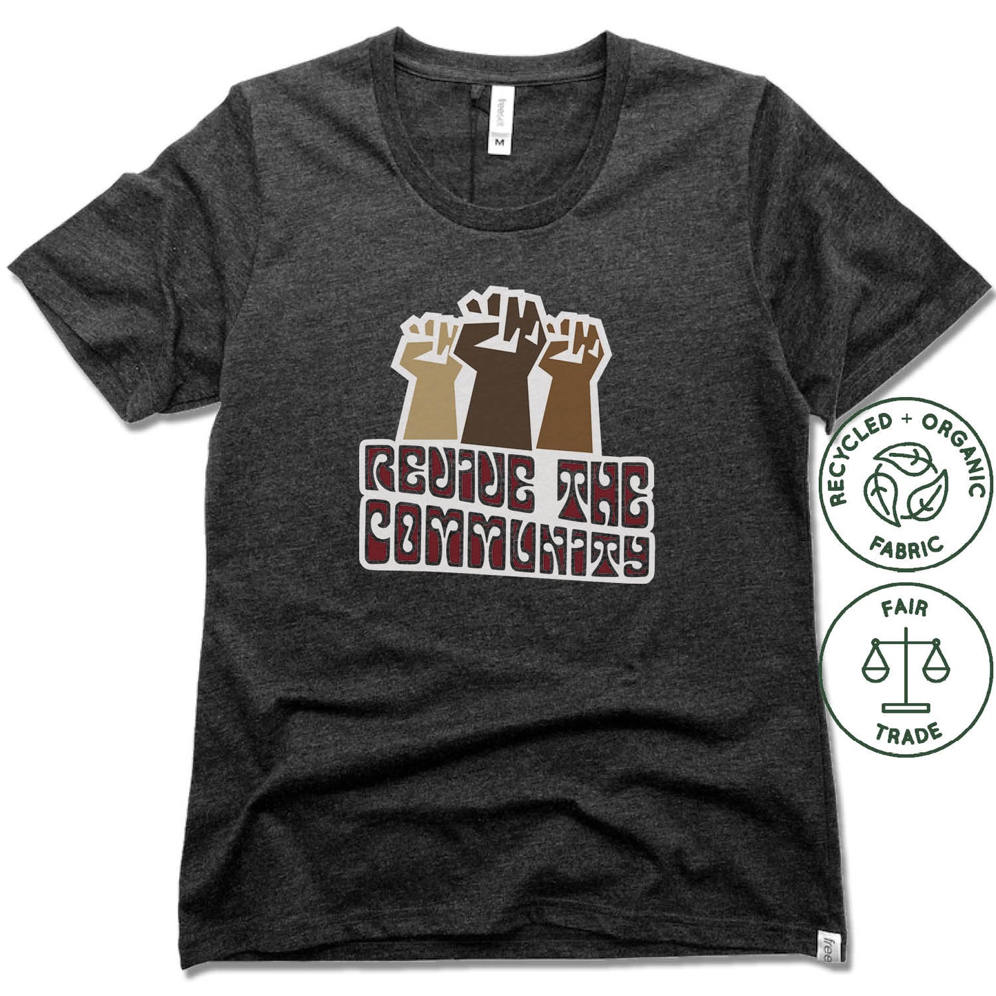 REVIVE THE COMMUNITY | FAIRTRADE FREESET BLACK LADIES TEE | LOGO