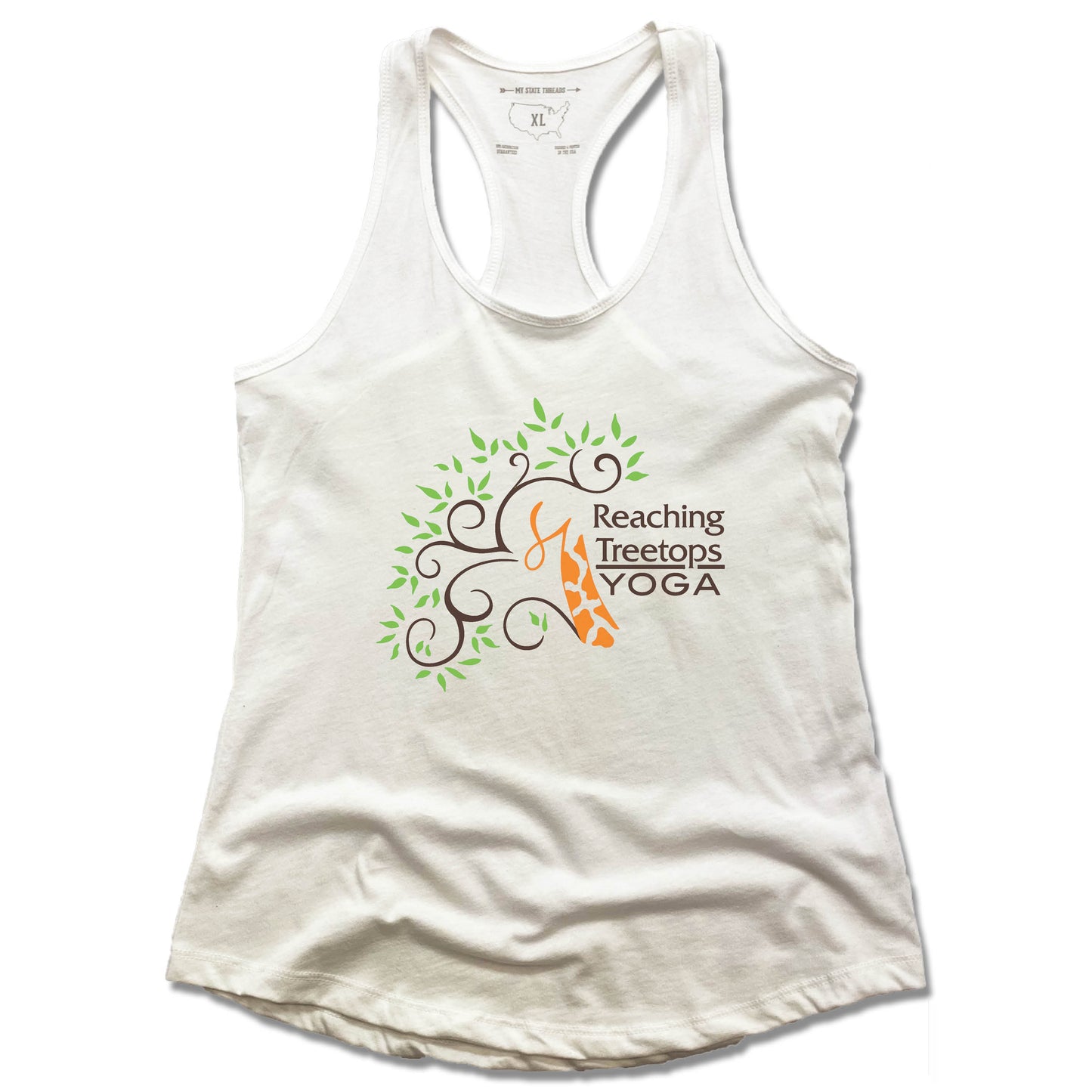 REACHING TREETOPS YOGA | LADIES WHITE TANK | LOGO