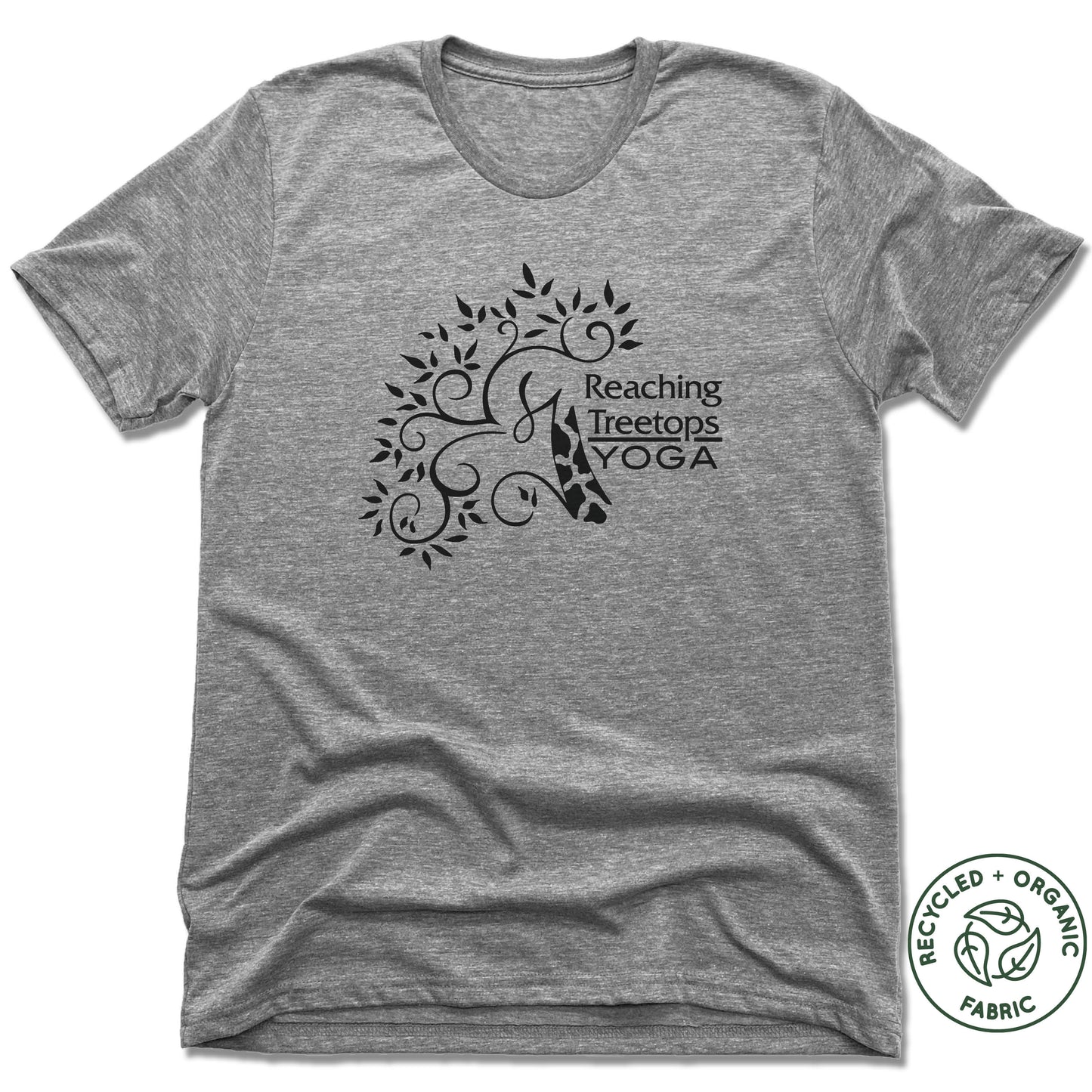 REACHING TREETOPS YOGA | UNISEX GRAY Recycled Tri-Blend | LOGO BLACK