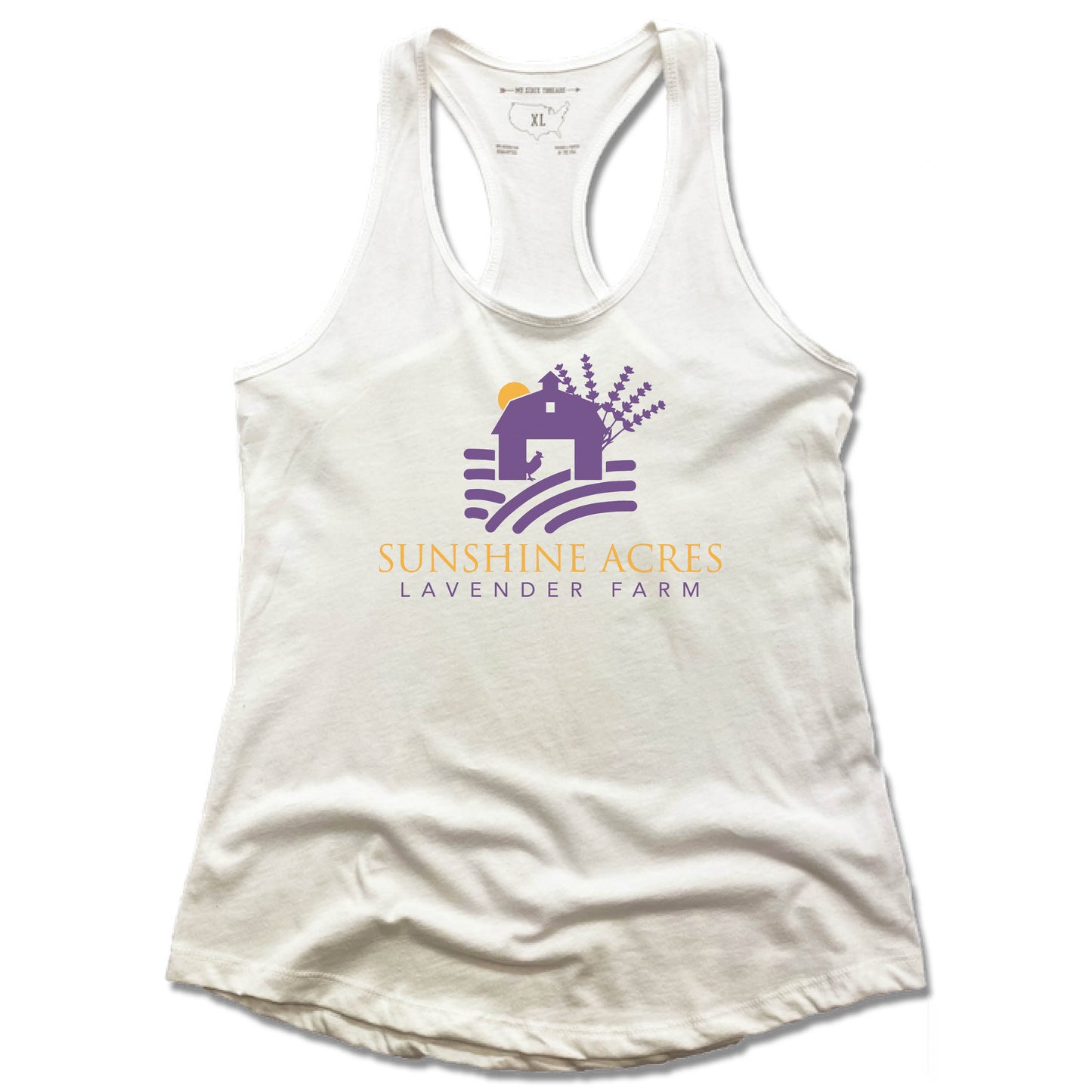SUNSHINE ACRES LAVENDER FARM | LADIES WHITE TANK | PURPLE LOGO