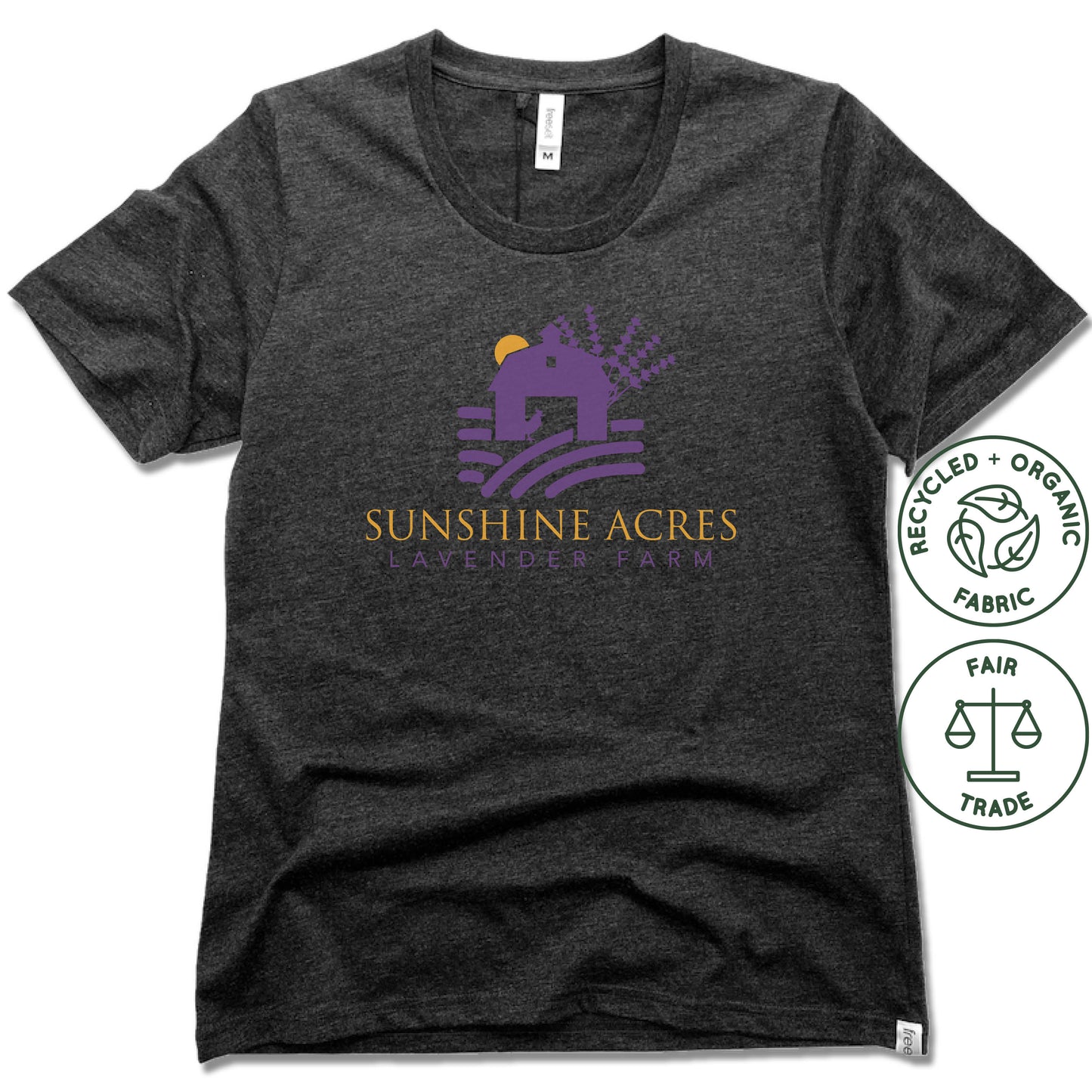 SUNSHINE ACRES LAVENDER FARM | FAIRTRADE FREESET BLACK LADIES TEE | PURPLE LOGO