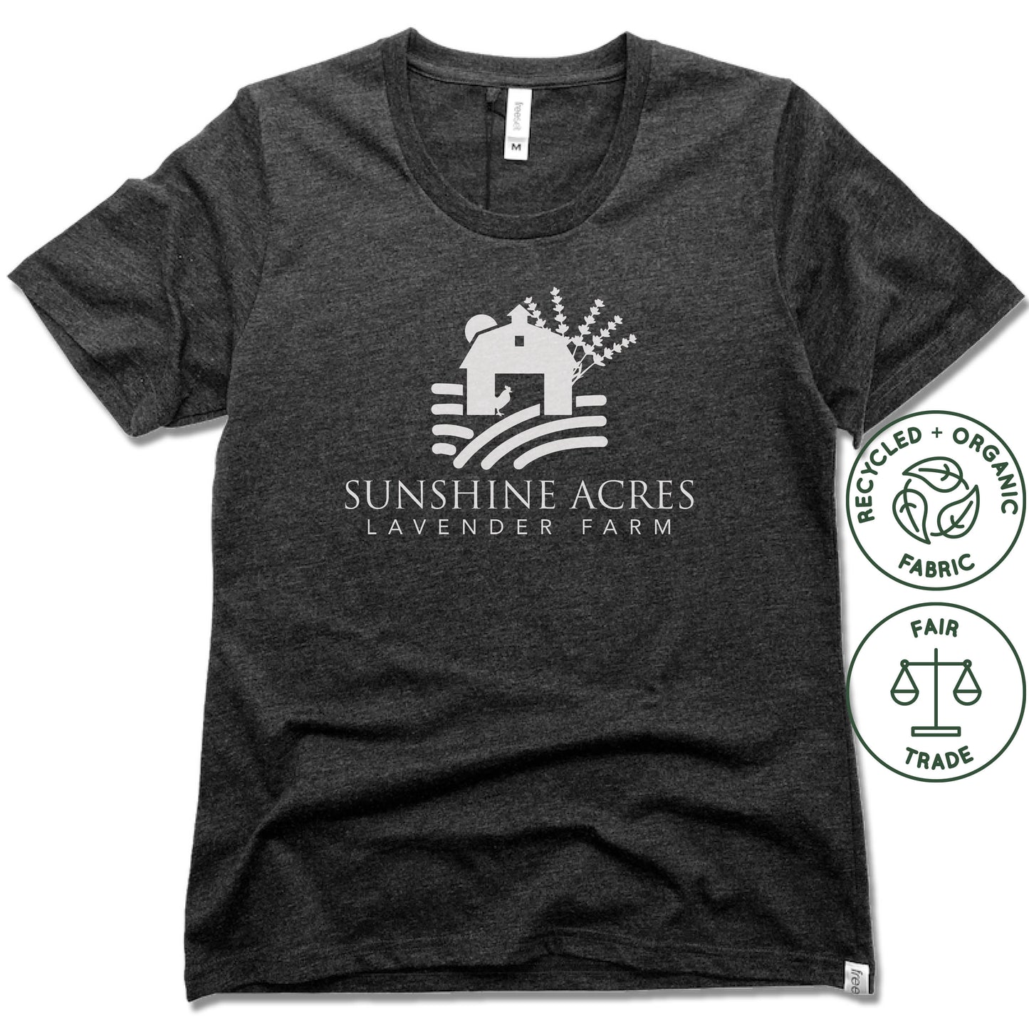 SUNSHINE ACRES LAVENDER FARM | FAIRTRADE FREESET BLACK LADIES TEE | WHITE LOGO