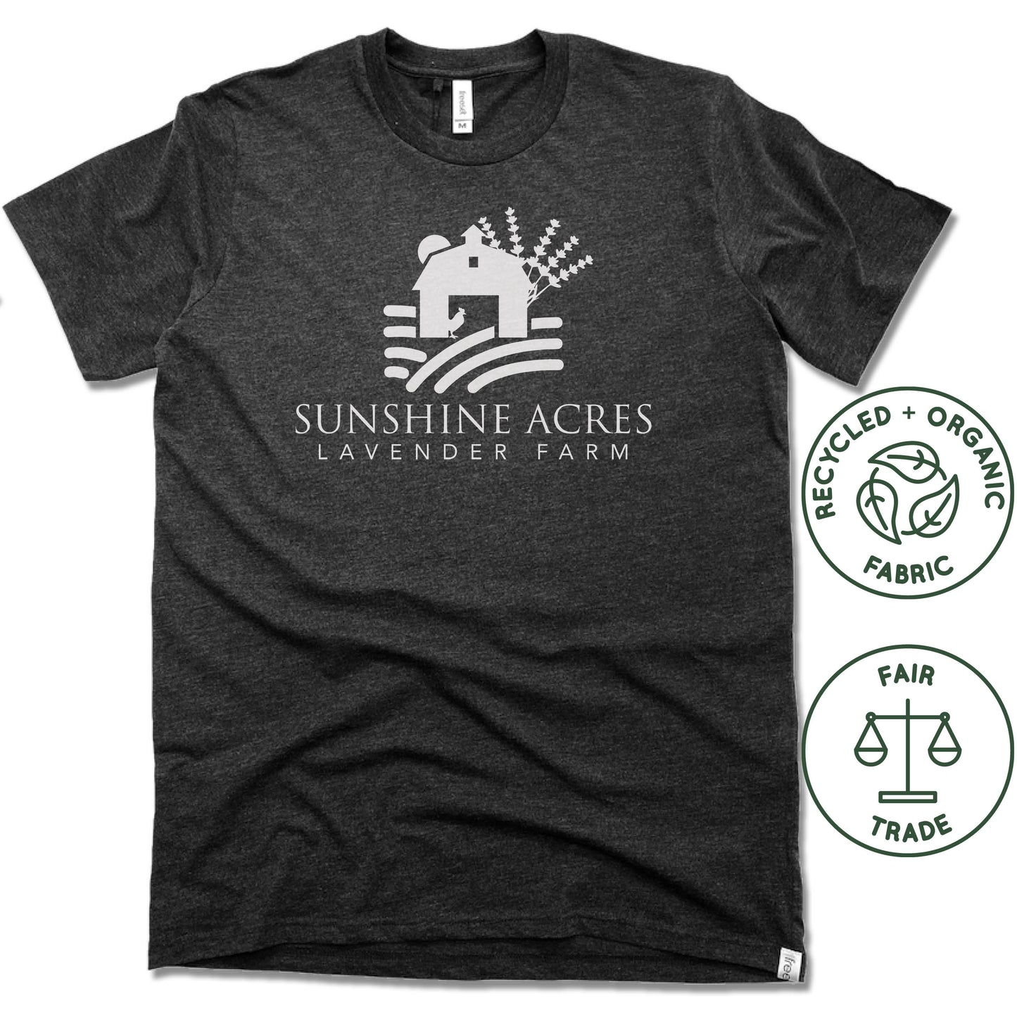 SUNSHINE ACRES LAVENDER FARM | FAIRTRADE FREESET BLACK UNISEX TEE | WHITE LOGO - My State Threads