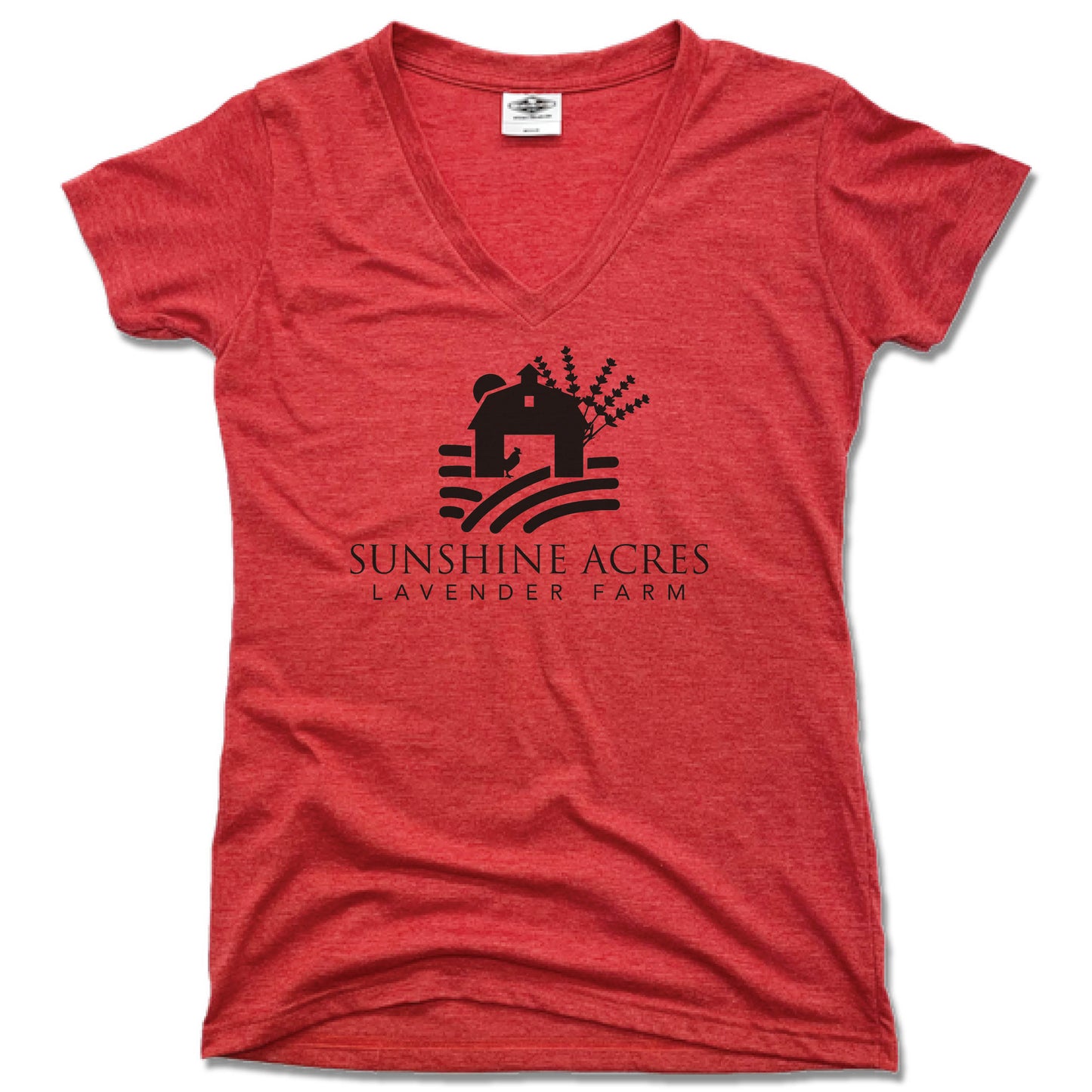 SUNSHINE ACRES LAVENDER FARM | LADIES RED V-NECK | BLACK LOGO