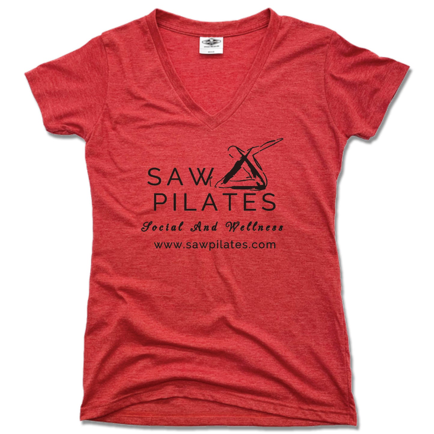 SAW PILATES | LADIES RED V-NECK | BLACK LOGO - My State Threads