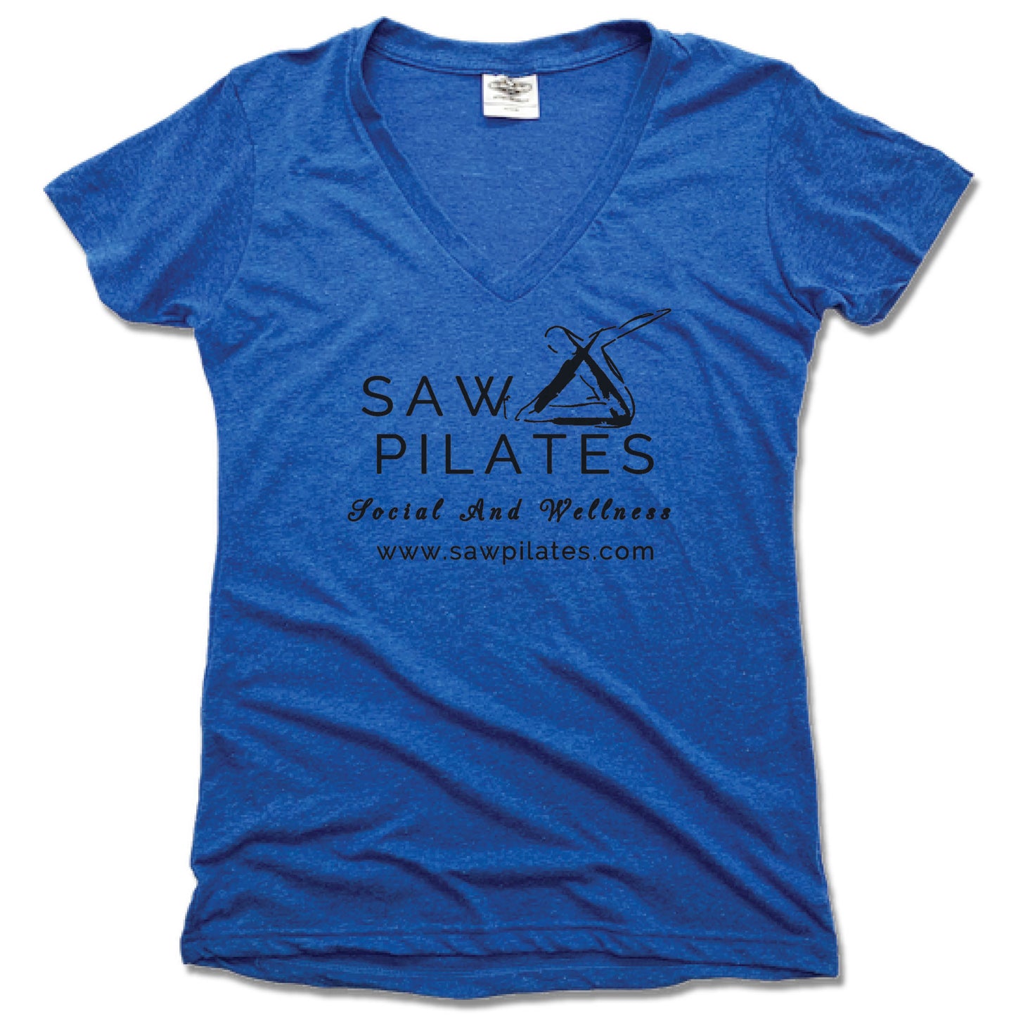 SAW PILATES | LADIES BLUE V-NECK | BLACK LOGO - My State Threads